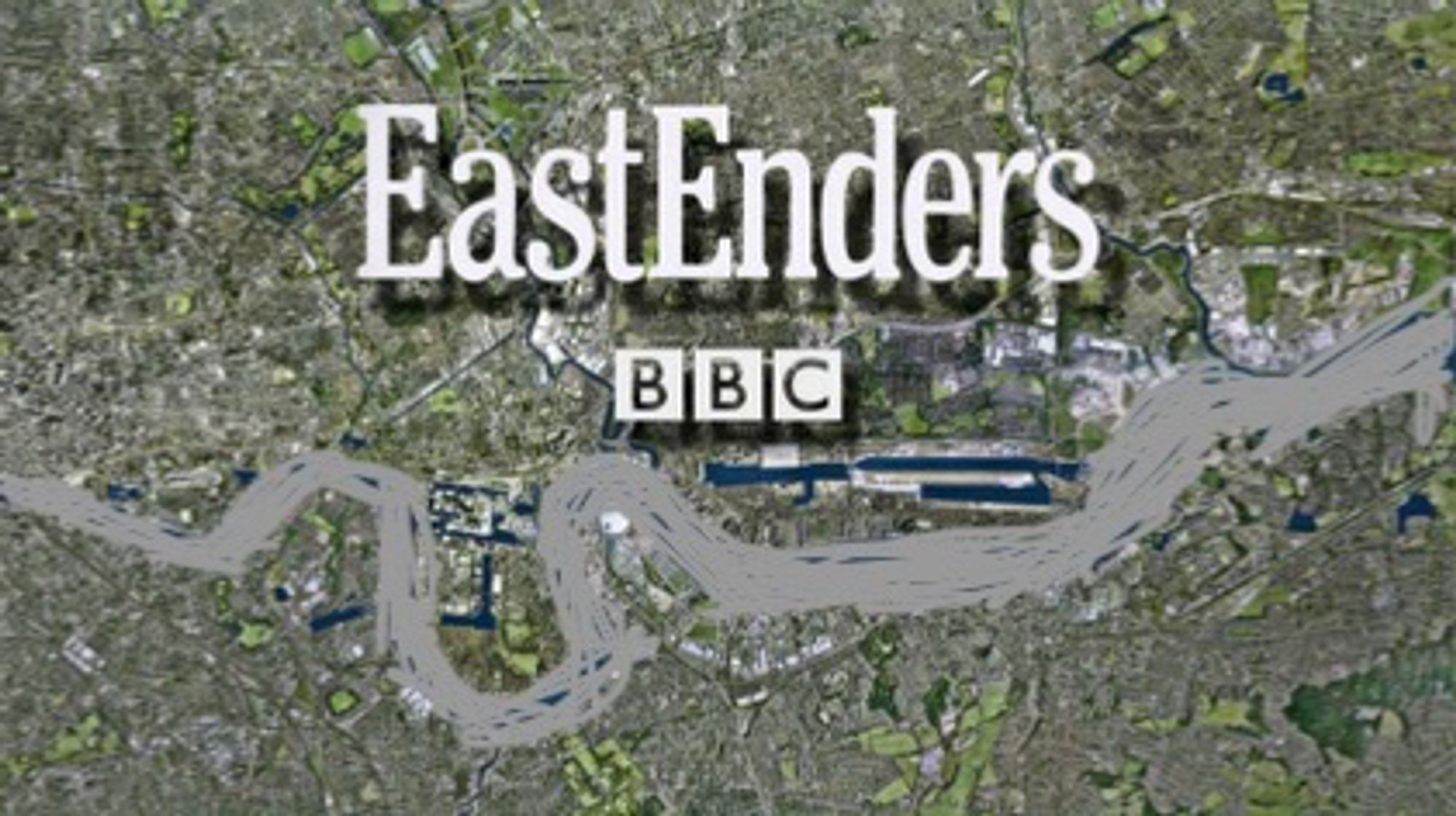 The East Enders opening credits with the river crudely scrawled over in grey