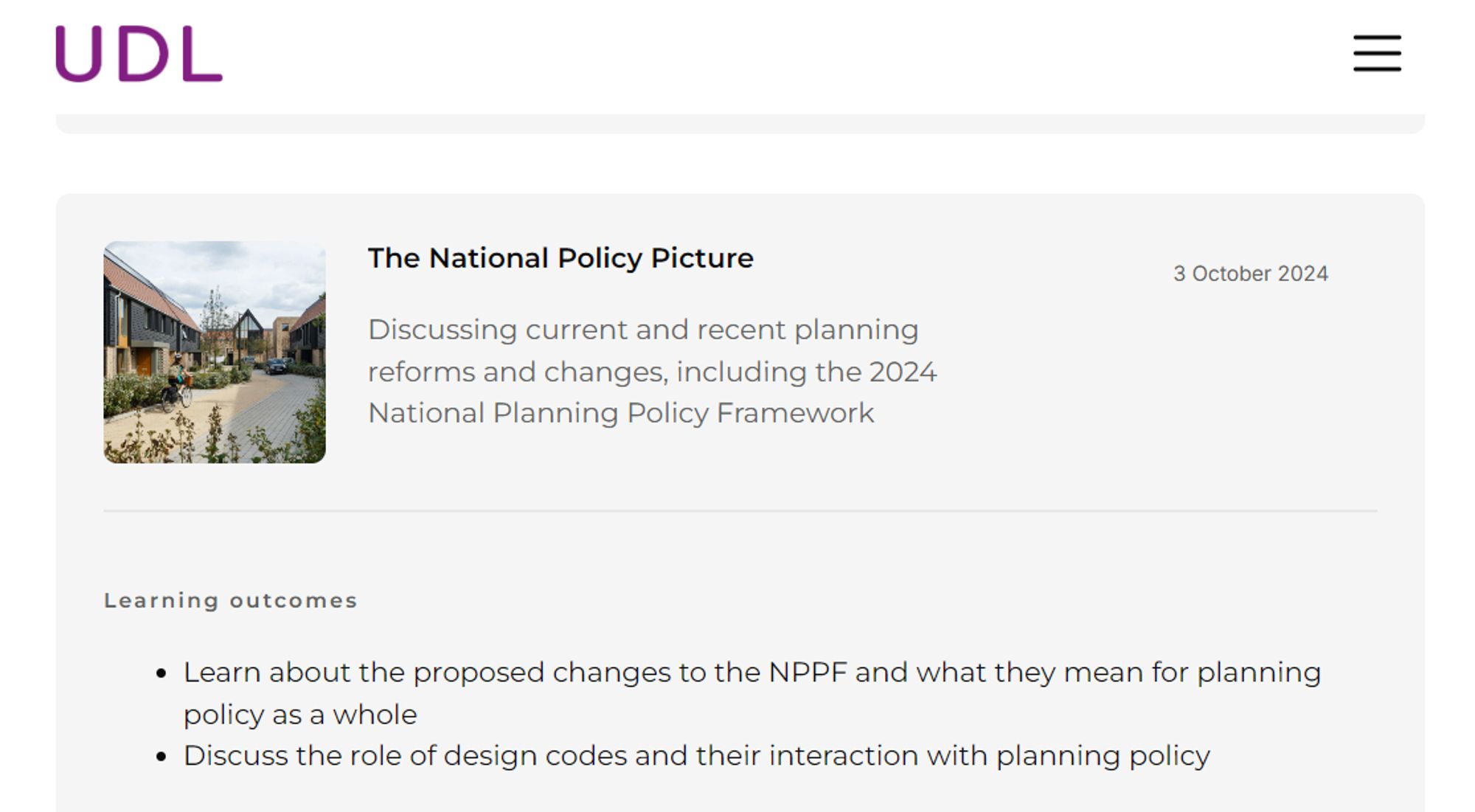 Screenshot of event details on the UDL website: "Discussing current and recent planning reforms and changes, including the 2024 National Planning Policy Framework" "Learning Outcomes:- Learn about the proposed changes to the NPPF and what they mean for planning policy as a whole"- Discuss the role of design codes and their interaction with planning policy"