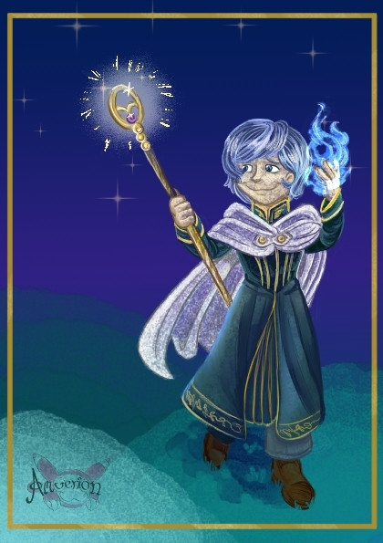 A cleric walks across the meadows on a starry night. He illuminates the path with his staff, looking towards the stars. A blue flame emits from his left hand.