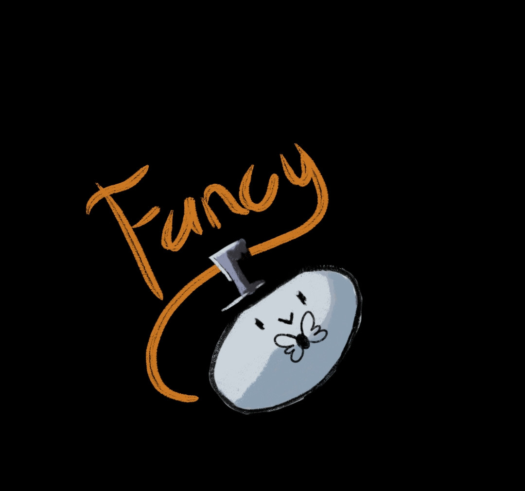 Pebble with tophat and bowtie with the word "Fancy" in curvy orange lettering behind it. It is smiling.