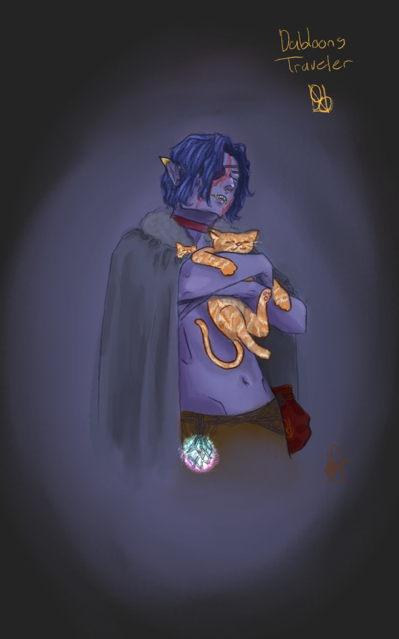 Purple orc may holding a fully grown orange tabby cat and an orange tabby kitten, red pouch on left hip, glowing potion on right, grey fur-collared cloak, blue-ish purple hair, scars on his face and an eyepatch with a golden pointed ear cuff and a red choker.