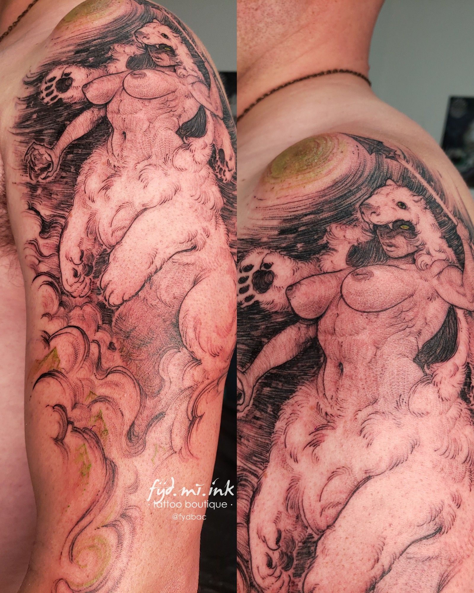 Tattoo of Female polar bear-taur with green moon and rocks. All lines.