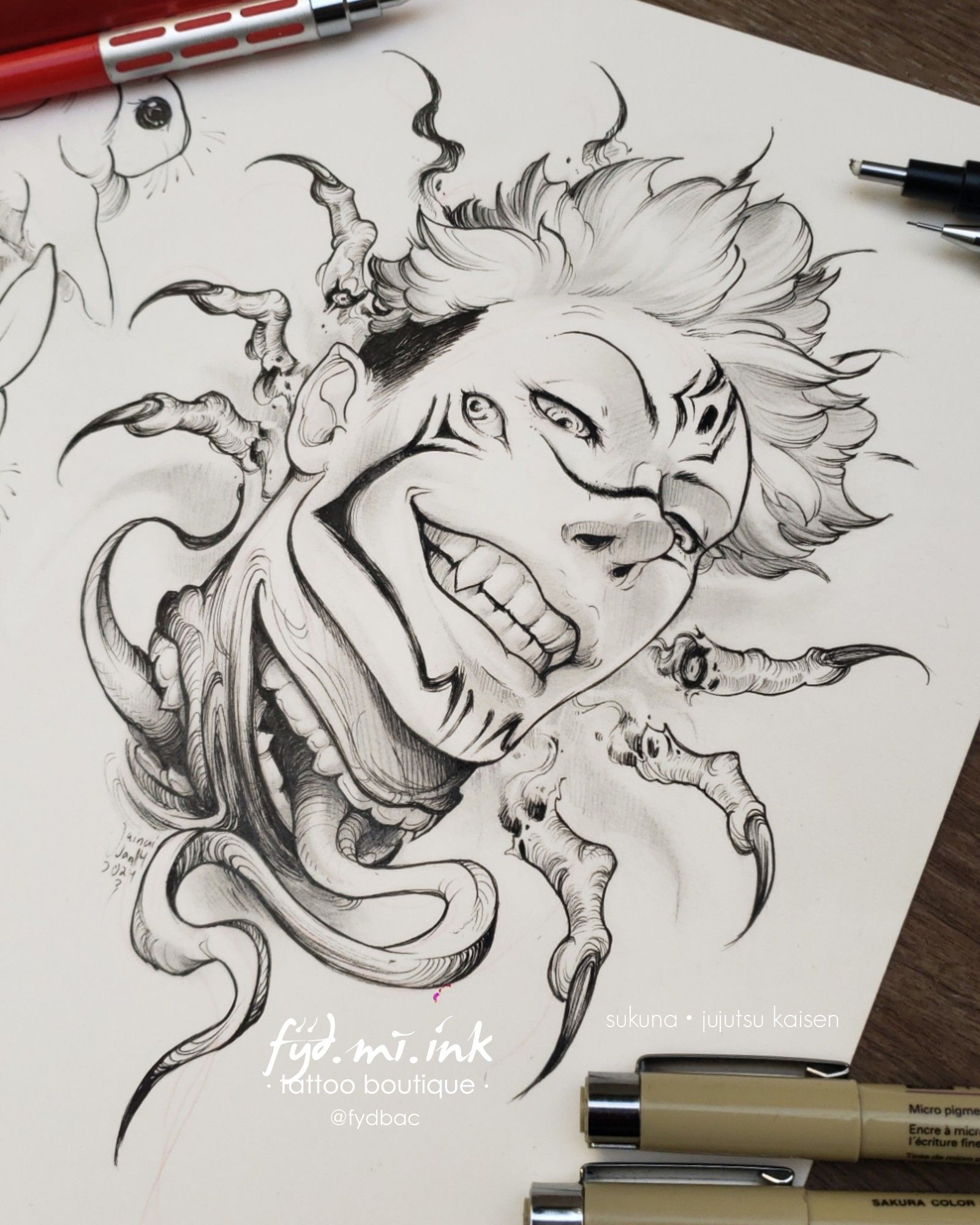 Sukuna from jujutsu kaisen anime. Illustration on paper.