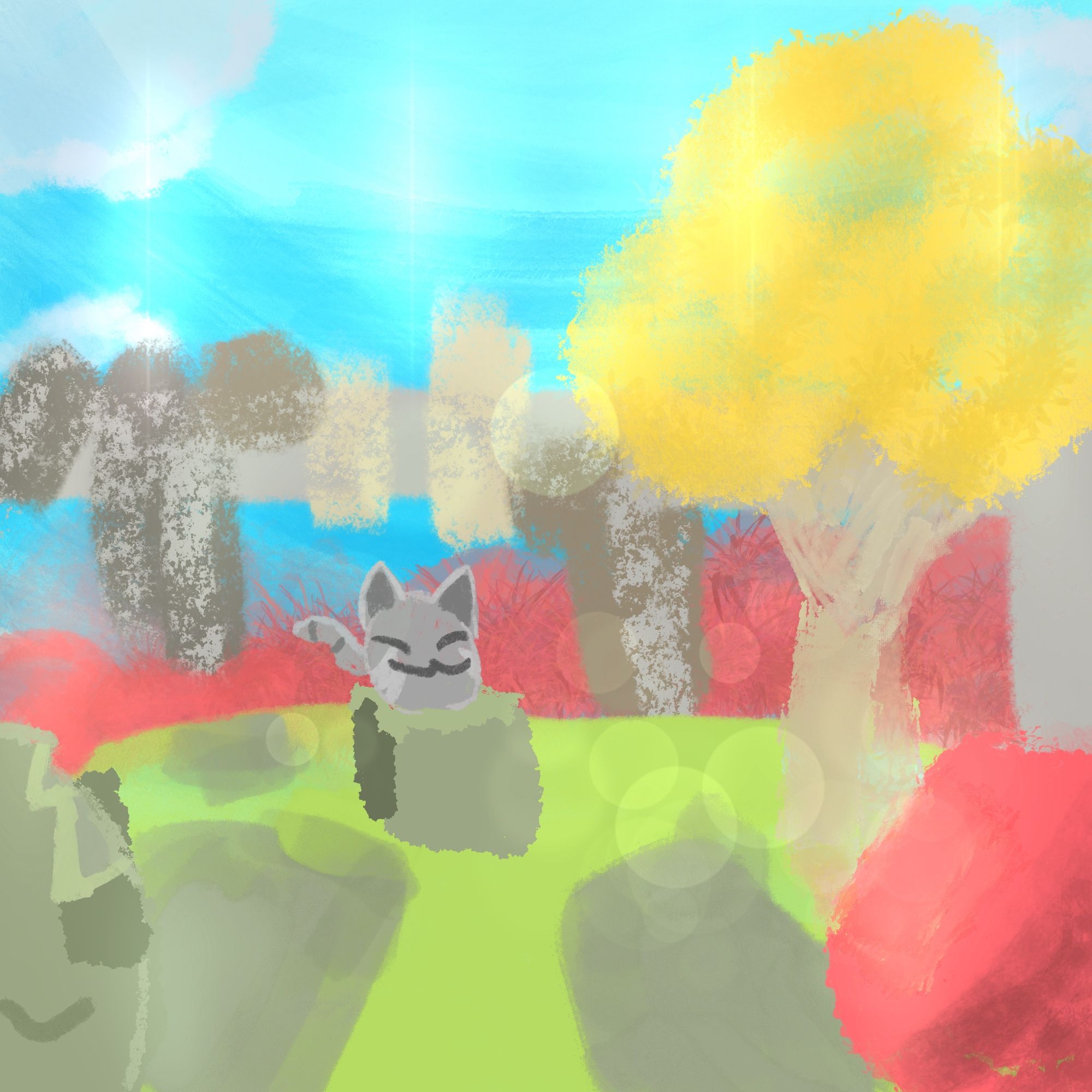 A scene of the Ancient Ruins location from Slime Rancher. Seen in the foreground is a broken slime statue and a bush. A yellow tree is on the right, and a tabby slime sits on a cube in the middle of the frame.