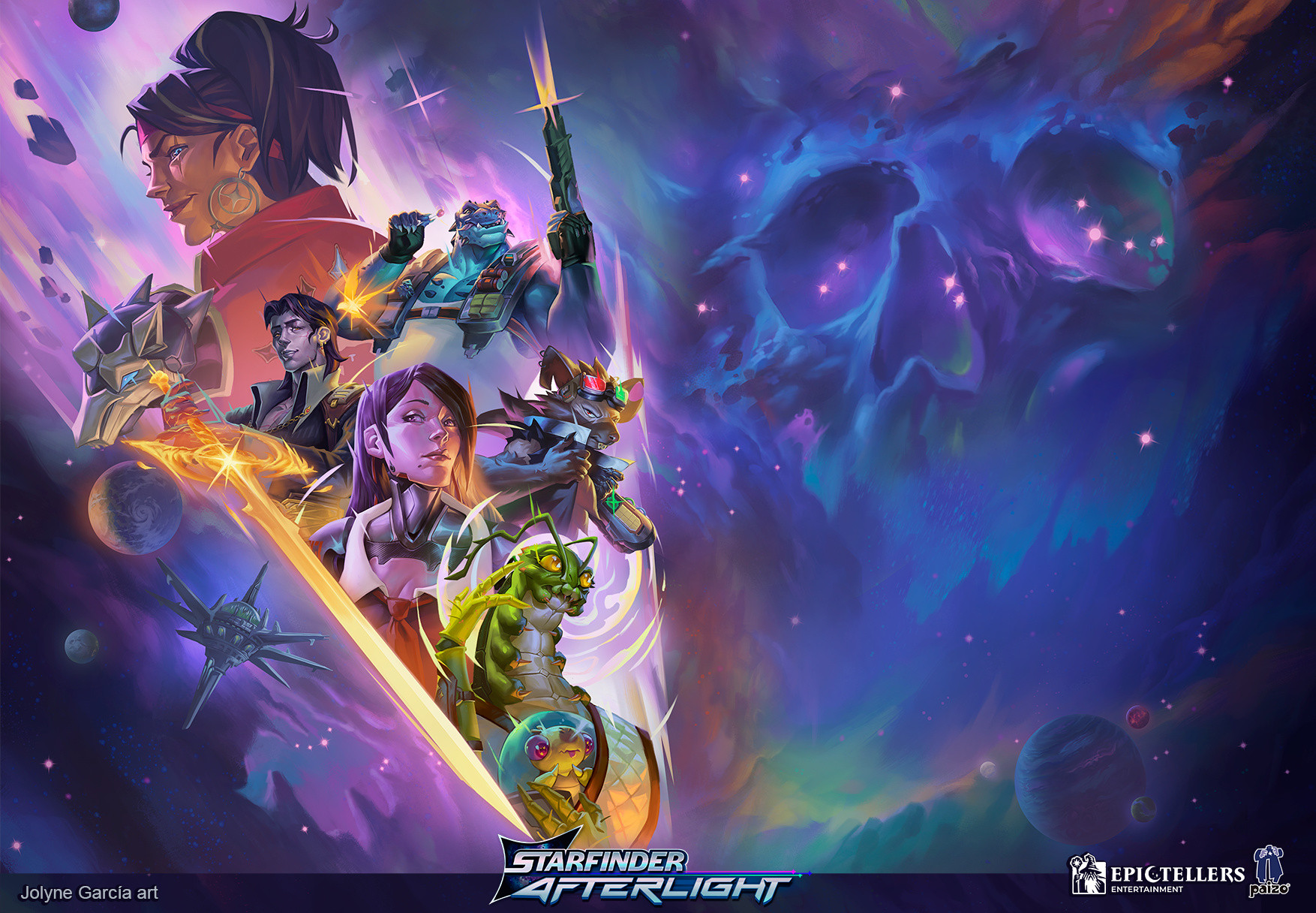 In a sea of planets, stars and technicolor nebulae, a crew of shiny interstellar heroes shine through the darkness of space. They are colorful, misterious and action-focused (I can't say much about them, yet) on the background, a dark power observes them in cold, dead silence
