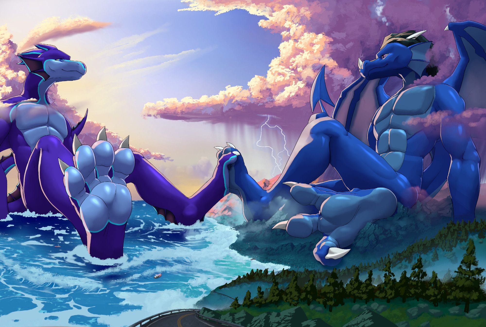 An aquadragon and skydragon locking paws over the shoreline, towering over forests and mountains. A road winds on into the distance toward them, disappearing into the landscape before reaching the several-dozen-mile tall dragons