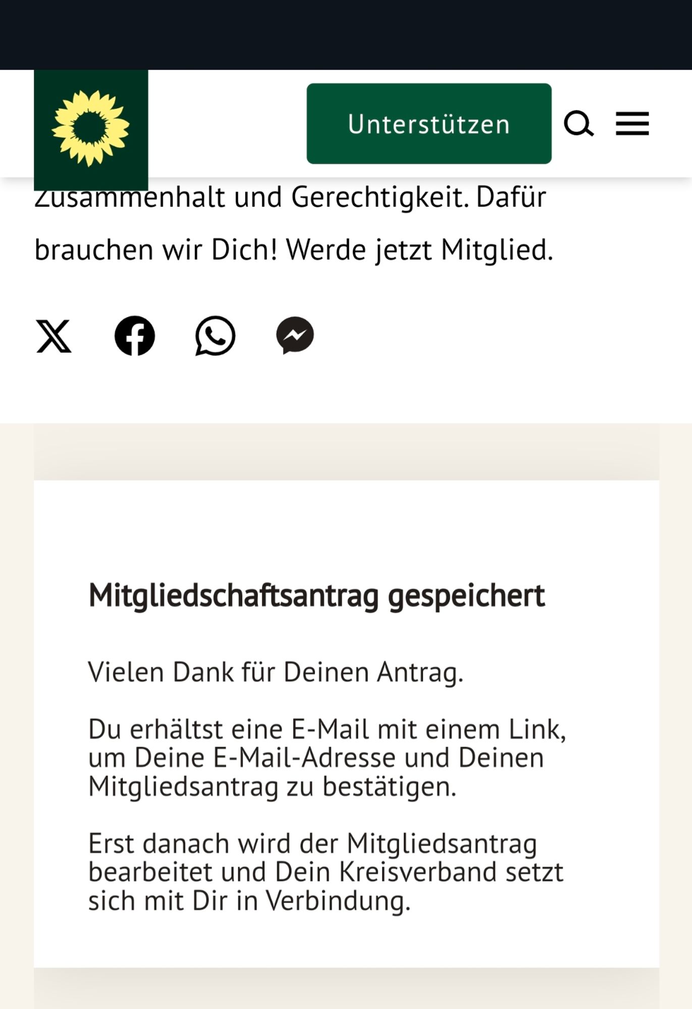 Screenshot der Seite der Grünen mit der Mitteilung, dass der Mitgliedsantrag gespeichert wurde.