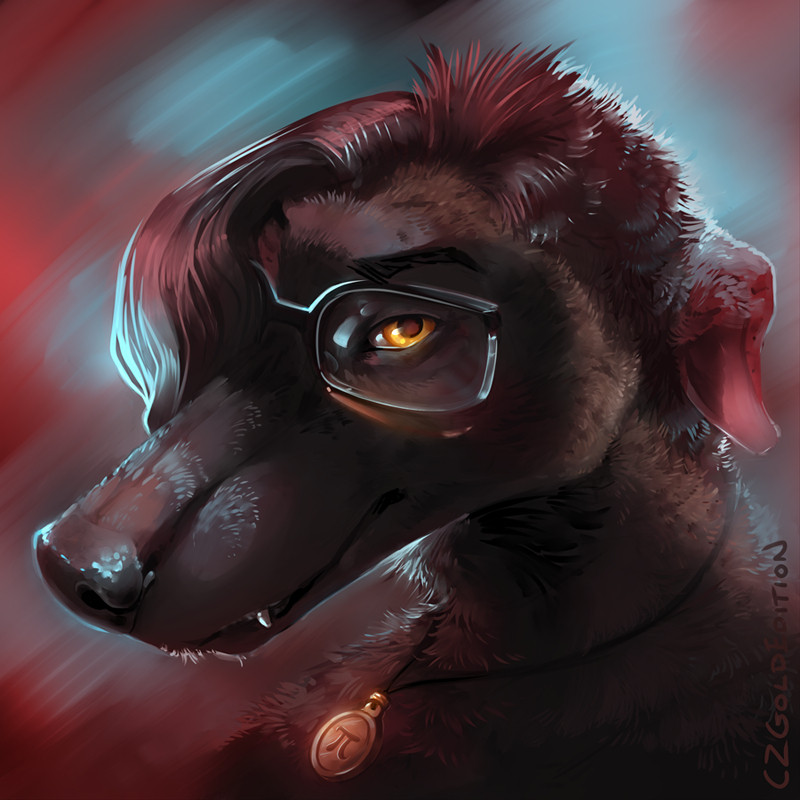 Moody painted icon of a dark-furred lurcher dog with short hair, golden eyes, and glasses. She is looking at the viewer, wearing a brass pendant with a pi symbol, and has a small canine fang protruding from her lip.