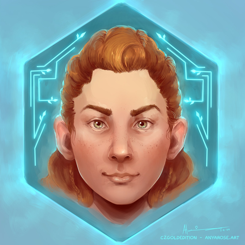 Painted icon of Aloy from Horizon Zero Dawn. In this portrait she is facing the viewer directly, centered on a glowing hexagon adorned with branches styled to resemble circuits.