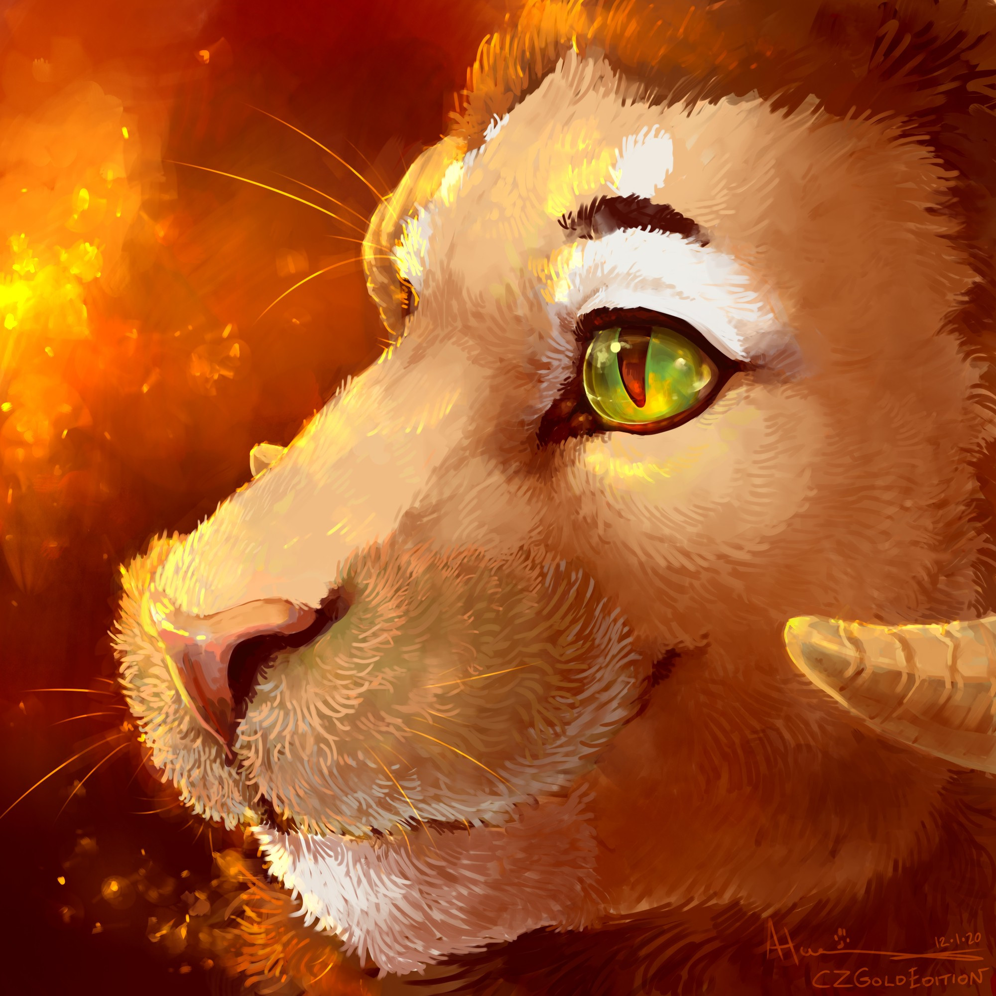 Painted icon of a lion chimera in front of a fiery backdrop. Flames reflect in his bright green eyes and rim-light the profile of his face and horns.