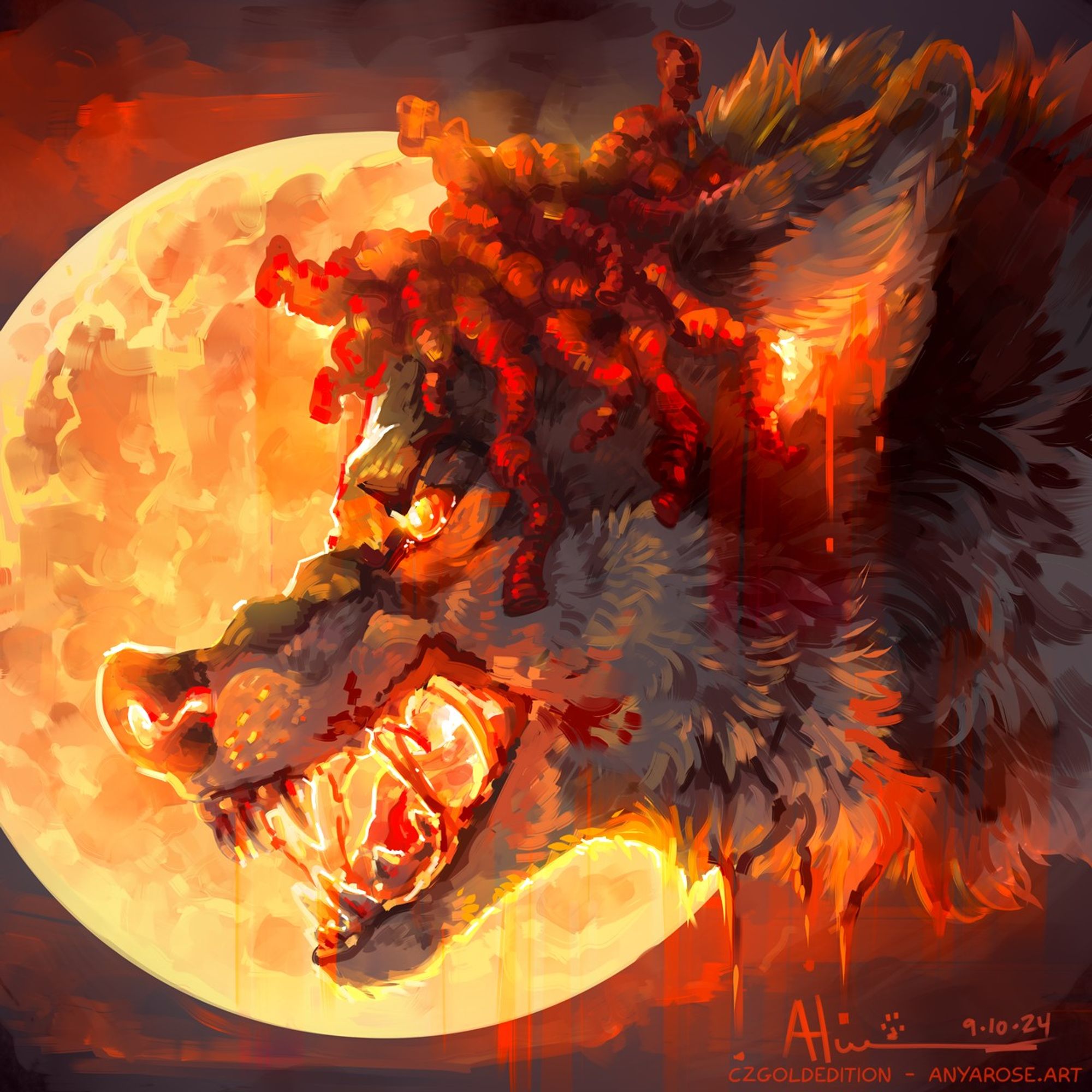 Portrait of a snarling black and gray wolf with red dreadlocks in front of a large blood moon. The wolf's eyes, ears, nostrils, and mouth are lit from within by an eerie red-orange glow.