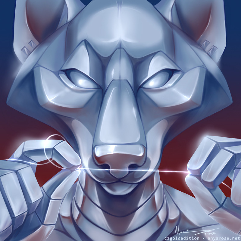 Painted icon of a wolf robot mimicking the style of Hajime Sorayama. She is holding a thin wire up between her fingertips in reference to the 3D printing filaments in the opening sequence of Westworld.