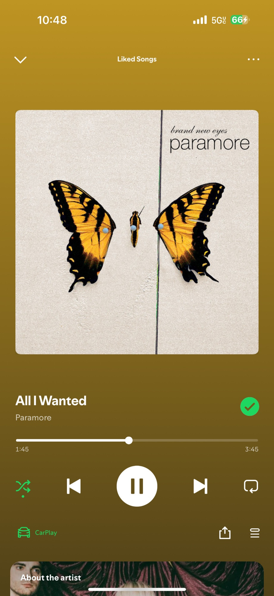 A screenshot of the song All I Wanted by Paramore on Spotify 