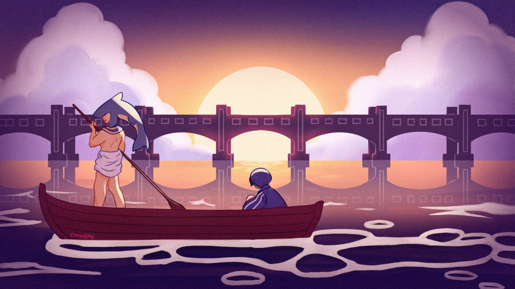 An illustration of q!Quackity and q!Foolish in a boat together in the middle of the ocean. q!Foolish is rowing the boat while q!Quackity only sits and ponders, looking at the setting sun in the horizon. The sun is behind a railway bridge and clouds.