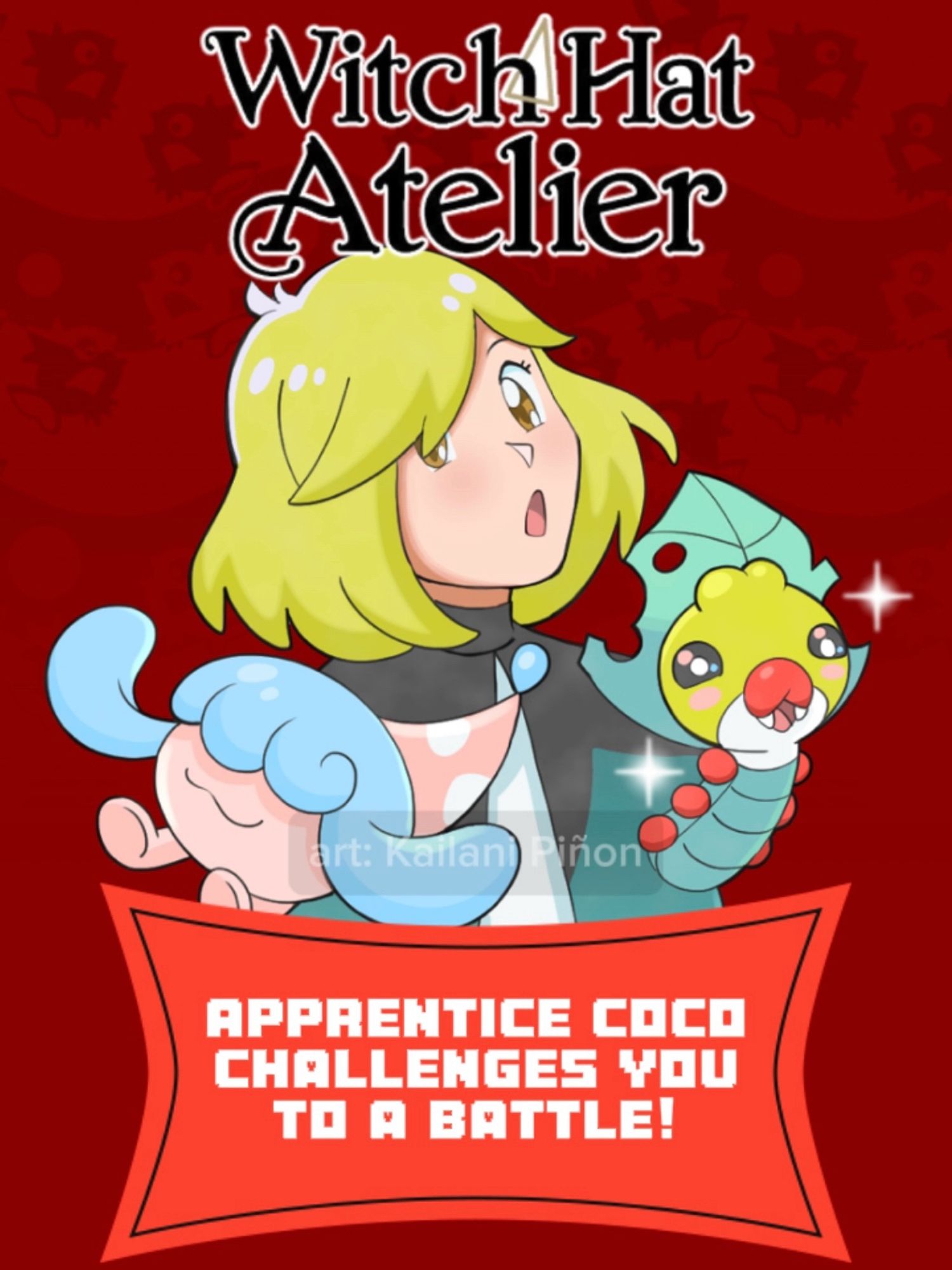 Pokemon and Witch Hat Atelier crossover art featuring Coco, shiny Sewaddle, and Hatenna.