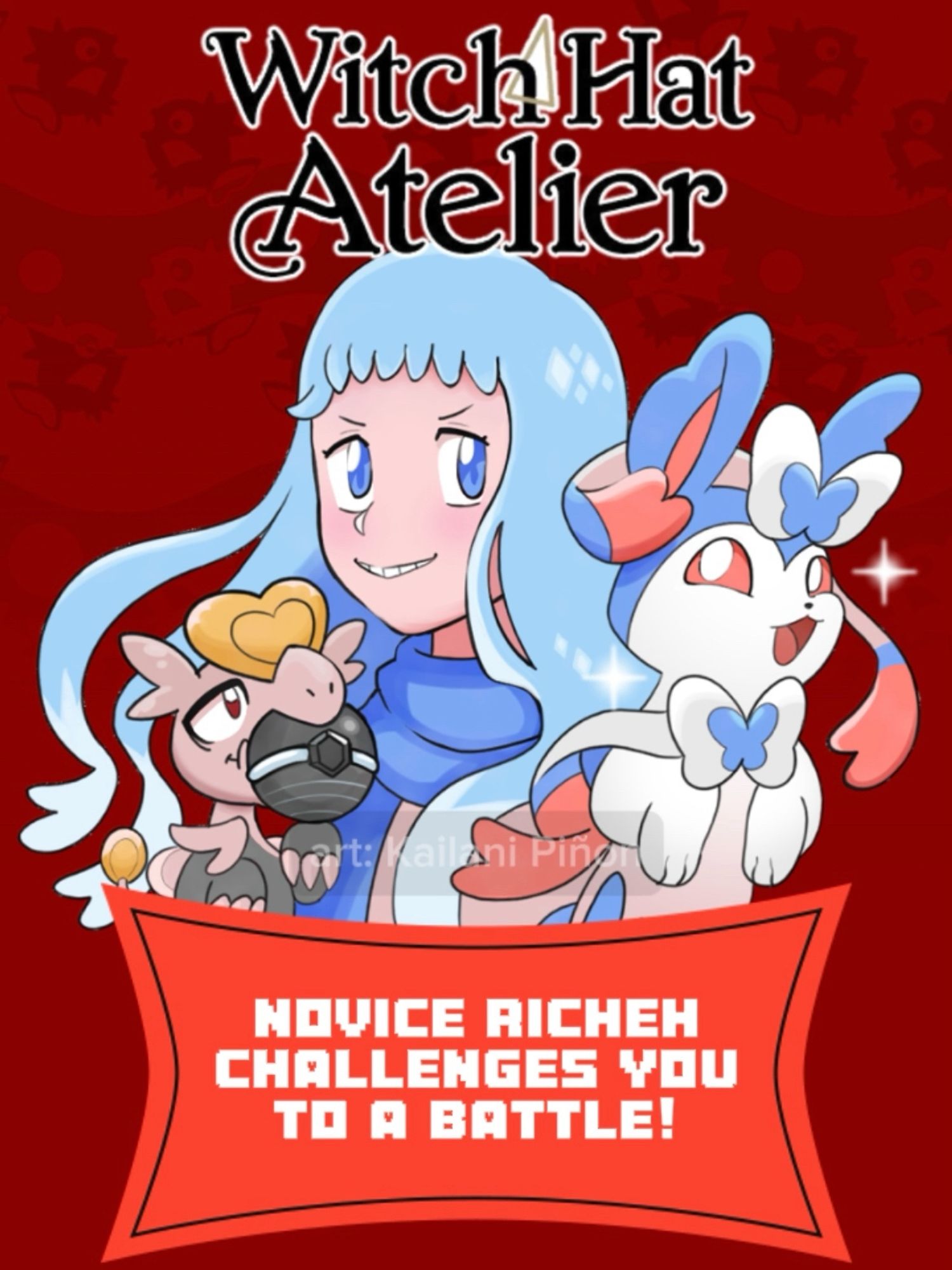 Pokemon and Witch Hat Atelier crossover art featuring Richeh, shiny Sylveon, and Jangmo-o.