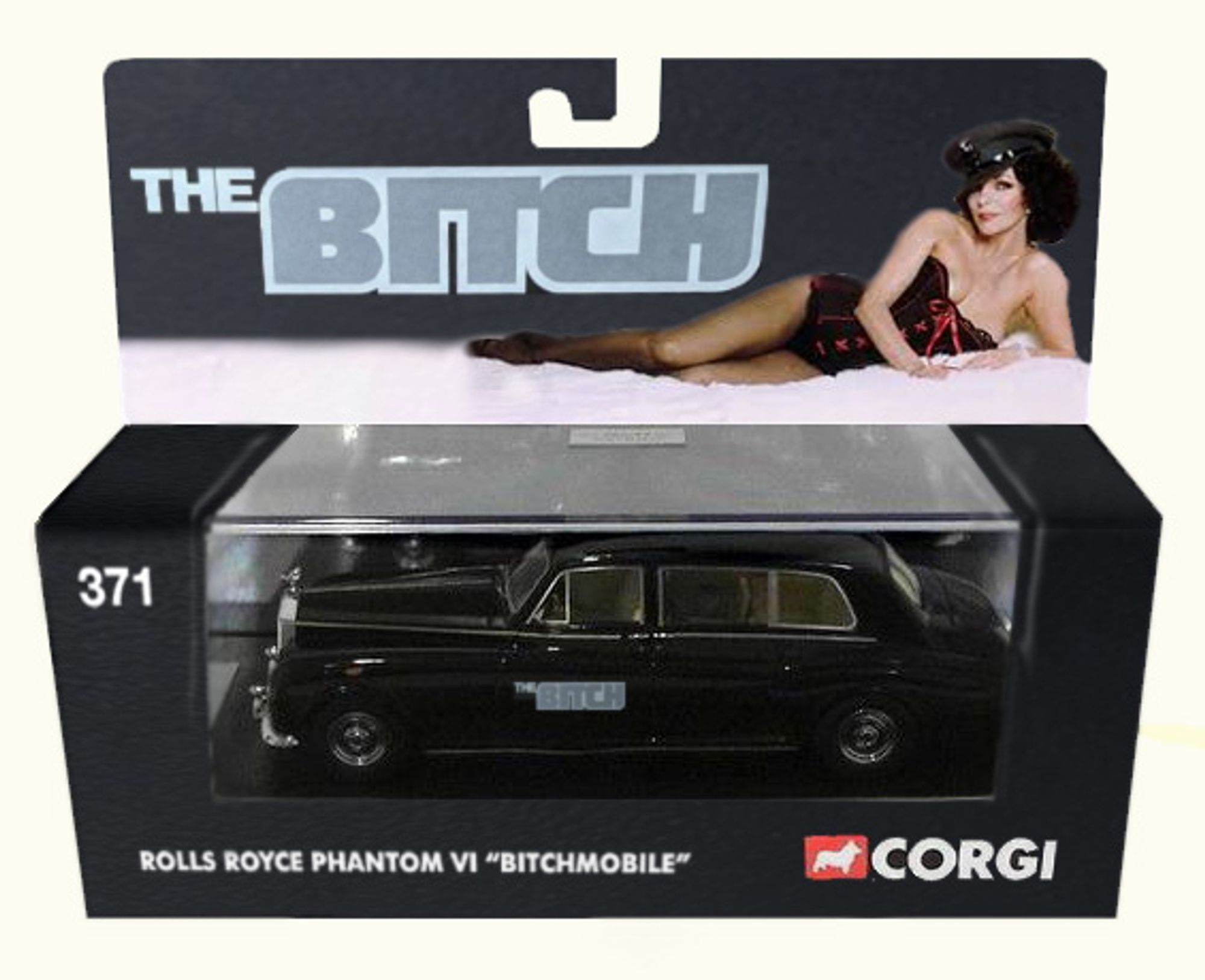 A Corgi toy car in box branded around the Joan Collins film The Bitch. The box text identifies as a Rolls Royce Phantom VI "Bitchmobile". It even has the movie's logo on the door. I don't know if you remember, but film and TV tie-in toycars would sometimes have logos on them that would be a bit weird in real life.