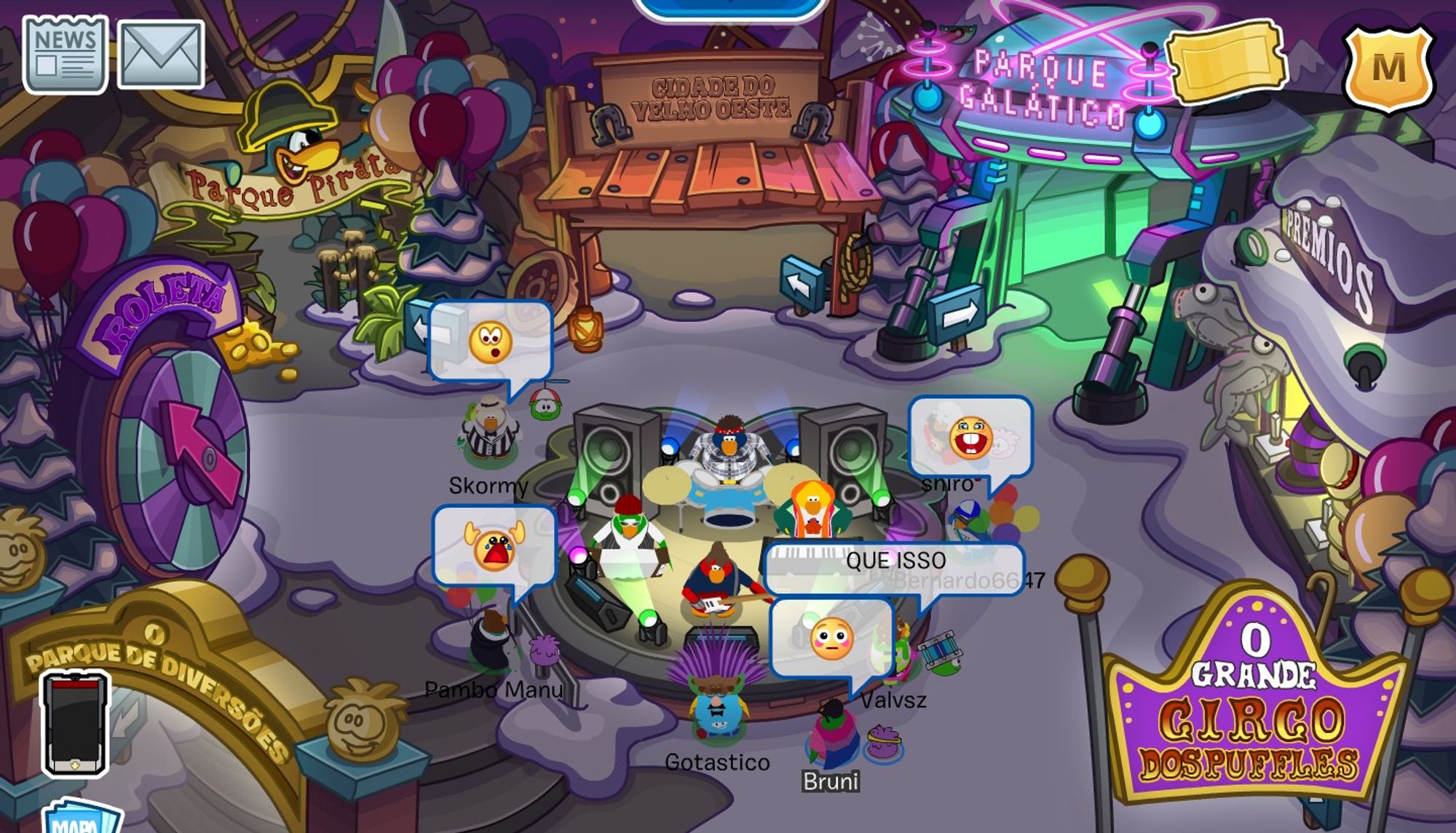 Na imagem, os pinguins estão curtindo o showzinho da Penguin Band!