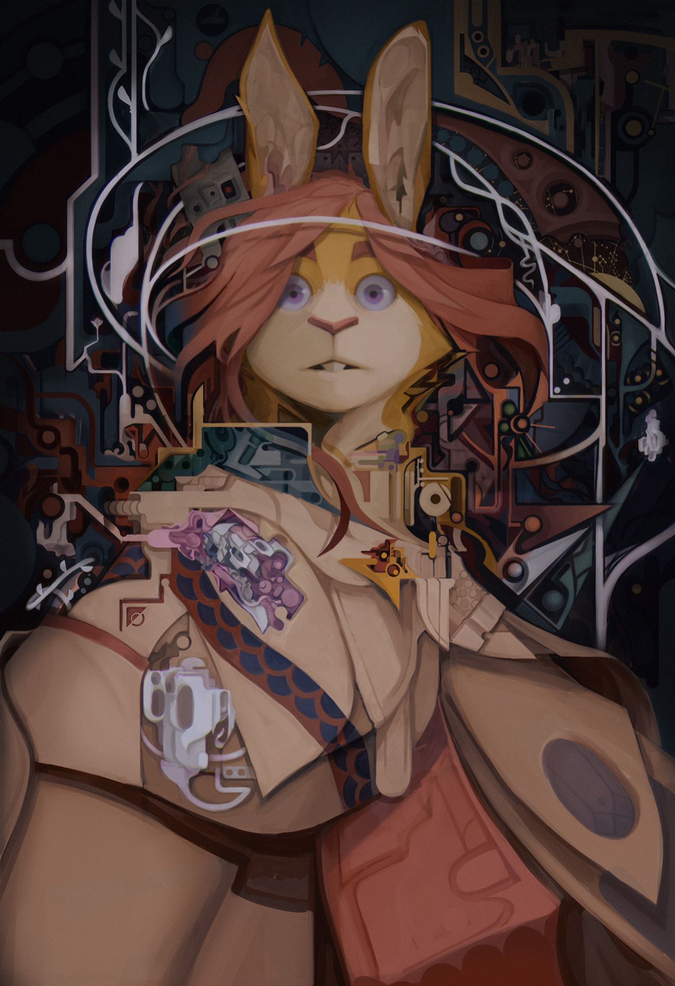 Science-fantasy portrait of a rabbit furry belonging to Kye - figure is integrated with graphic organic/floral patterns and "cosmic" shapes, dimly lit.