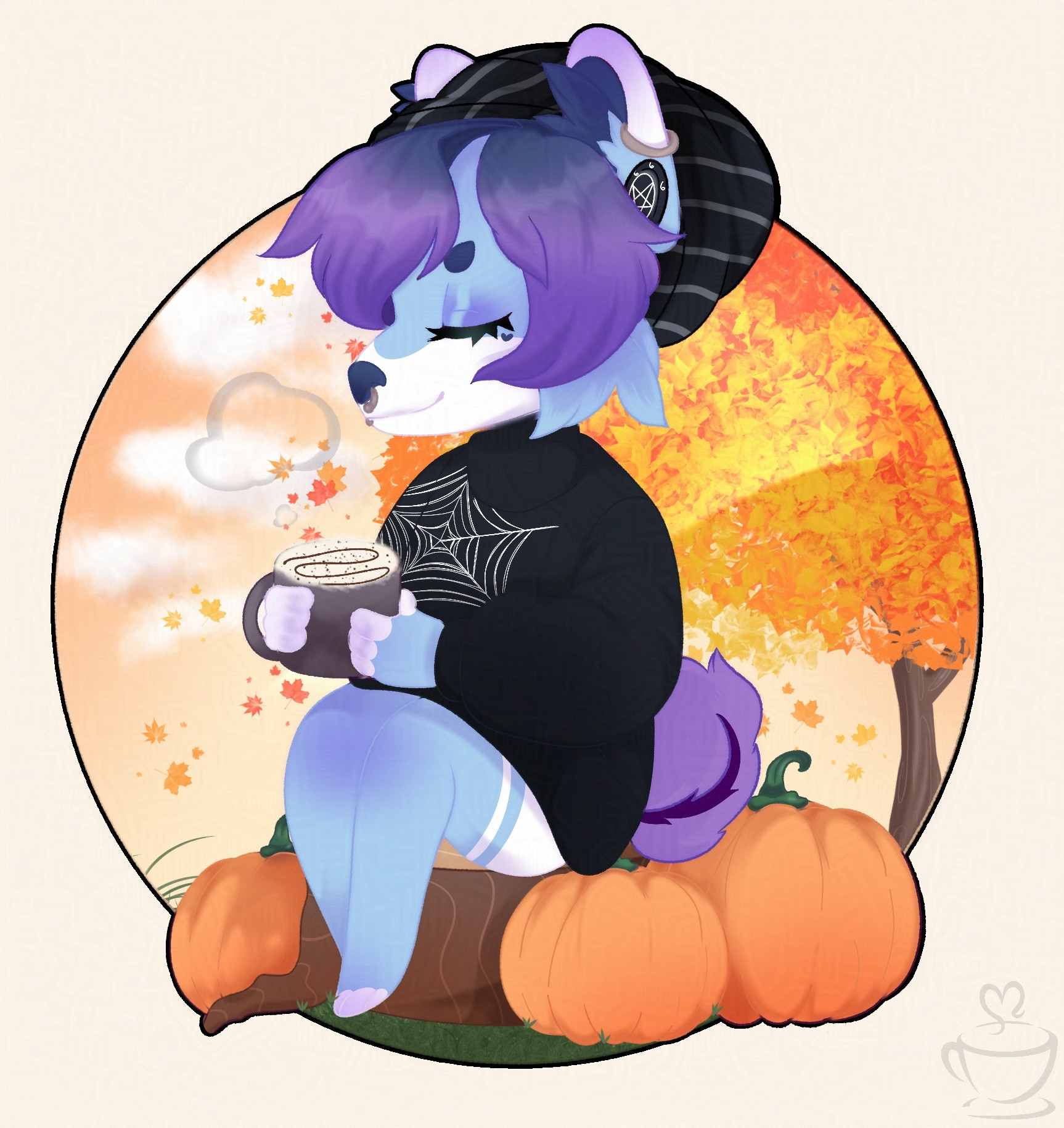 Furry drinking hot drink
Pretty fall colors and pumpkins