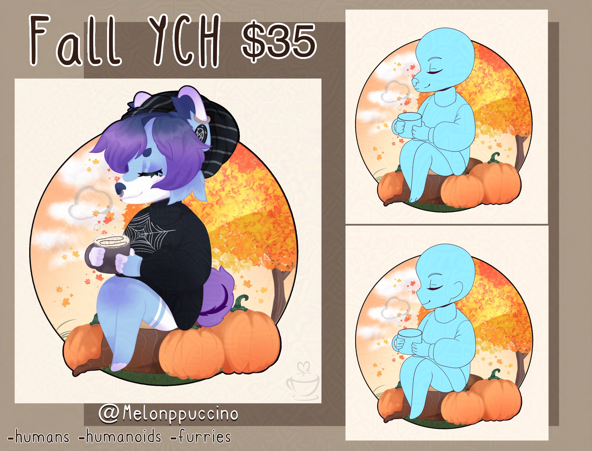 Fall YCH with human and furry bases for purchase of your character

Example piece is a furry drinking hot coca

All digital art 