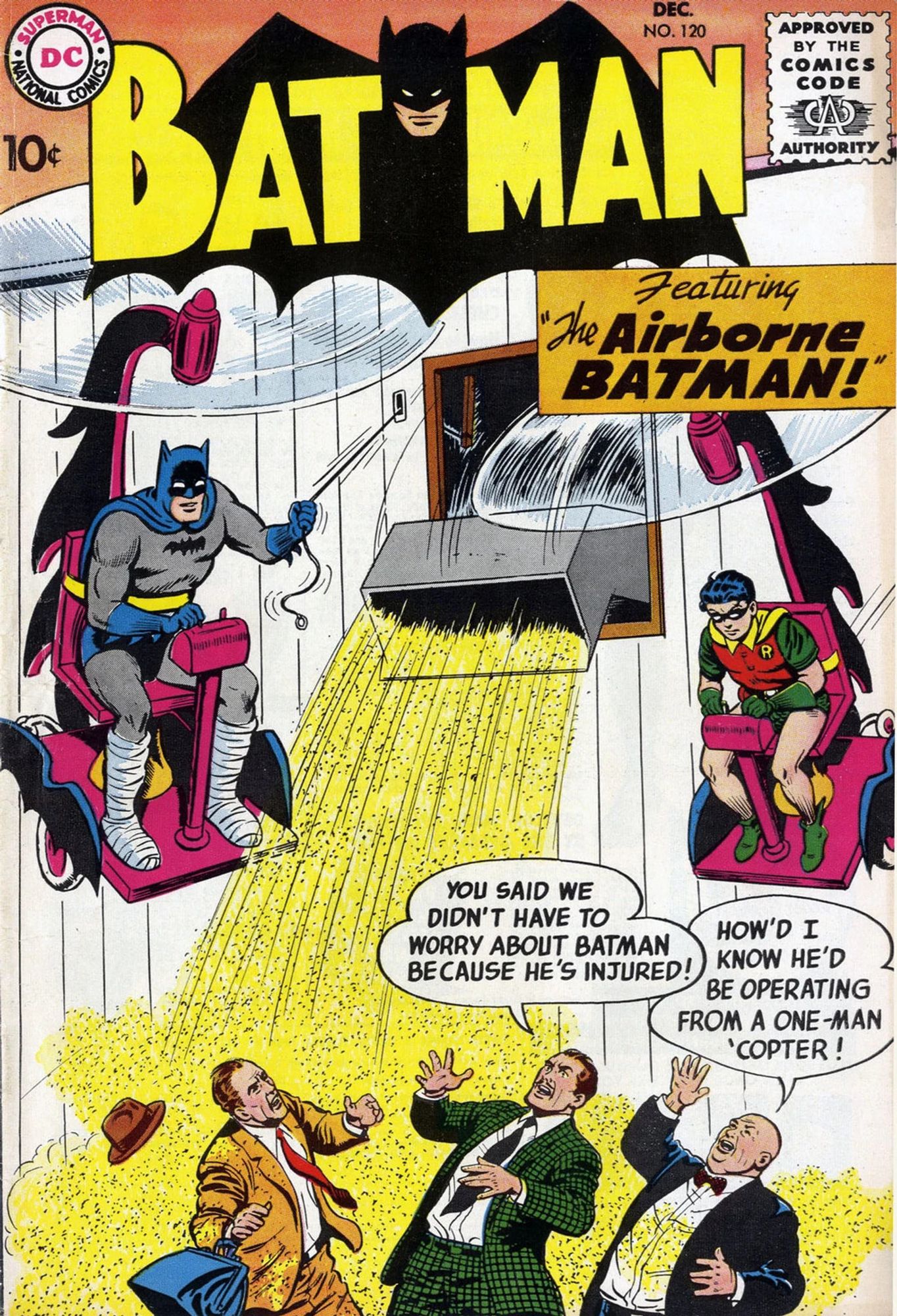 The cover of Batman v1 120, which introduced the original whirlybat, which was a powered wheelchair for a batman who had broken both legs and equipped with helicopter rotors.