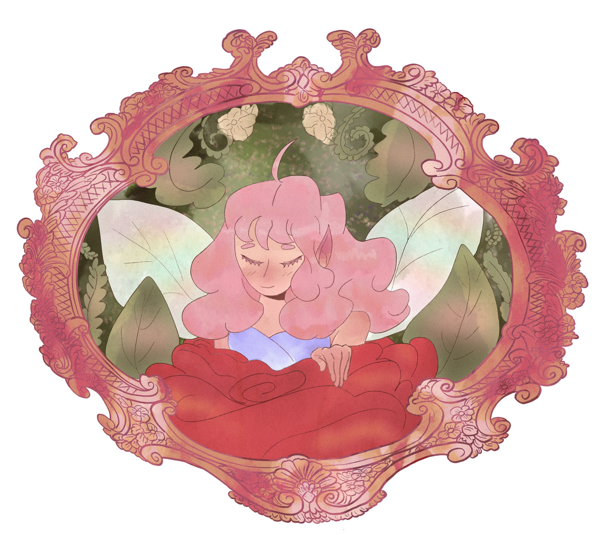 a drawing of a fairy with fluffy pink hair, she has her eyes closed and has her left hand resting over a big red flower, there’s a lot of plants around, everything is inside a fancy frame.