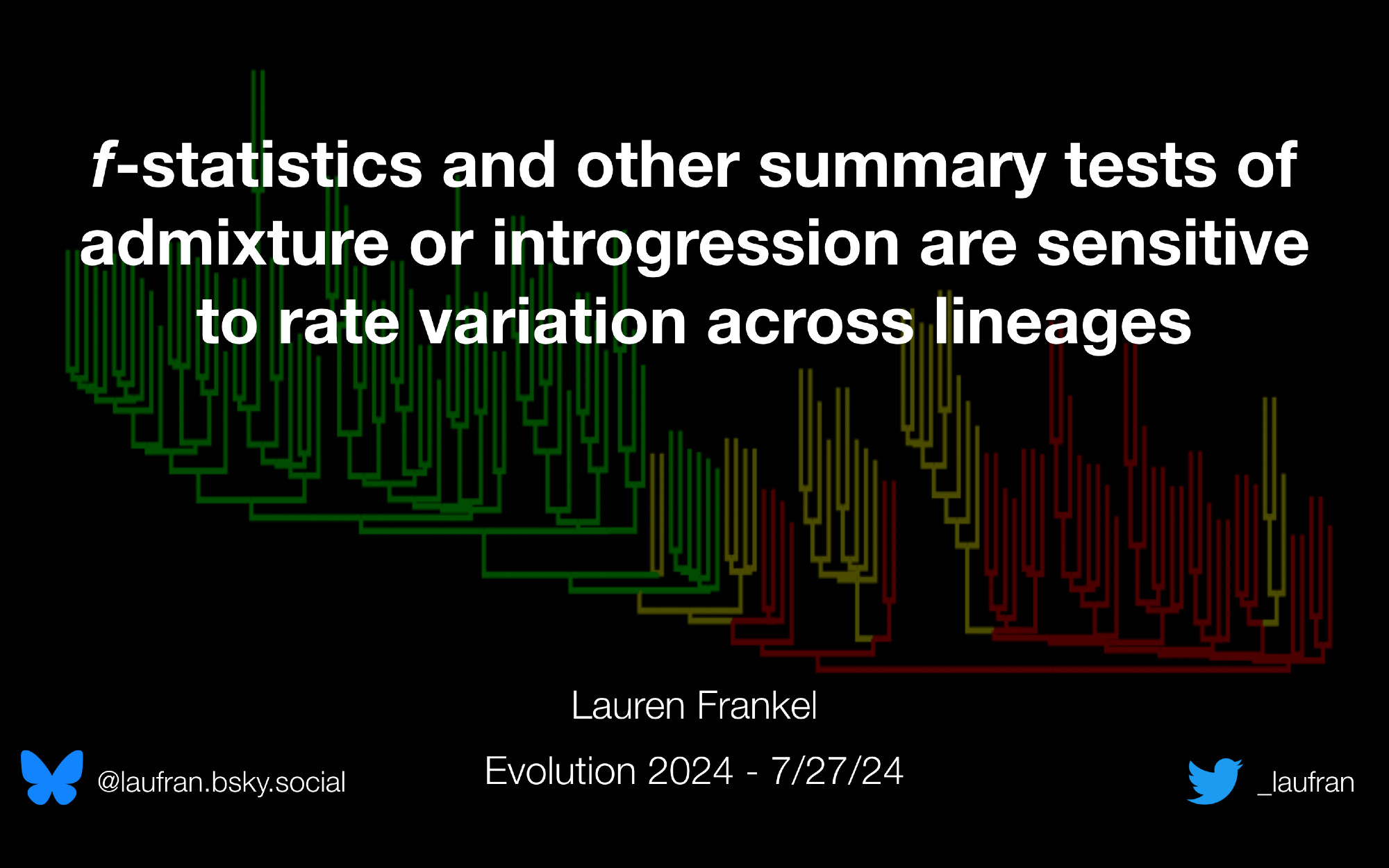 title slide for Evolution conference talk. black background with phylogeny, and white text saying "f-statistics and other summary tests of admixture or introgression are sensitive to rate variation across lineages"