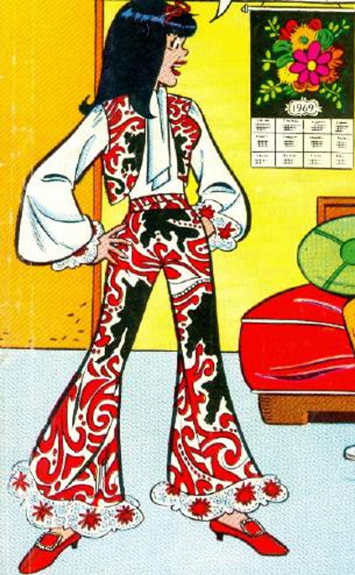 Veronica from Archie Comics in a red, white and black psychedelically-patterned outfit