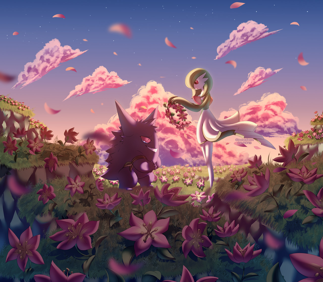 An illustration of Gengar and Gardevoir from the Pokemon Mystery Dungeon games. They are at the top of Sky Peak, surrounded by many Gracidea flowers. Gardevoir holds a flower crown in her hands, looking confused by Gengar's emotional reaction. The drawing has warm tones of yellow and pink.