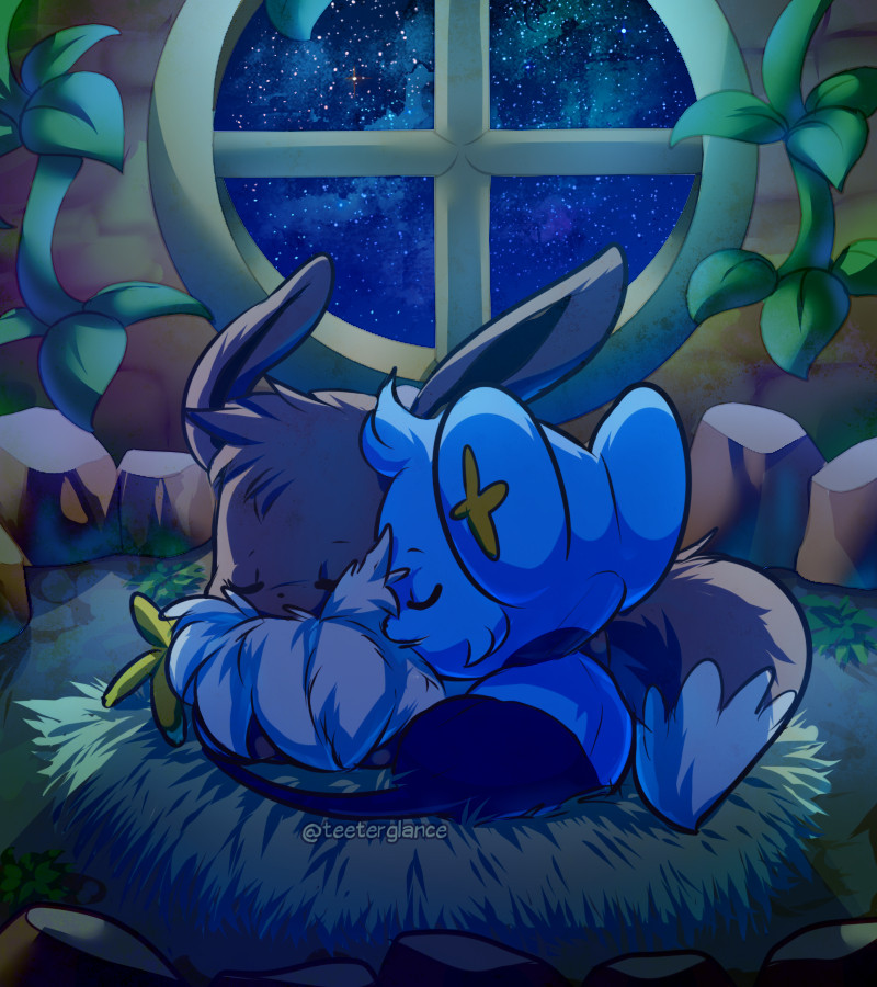 Hero (Eevee) and Partner (Shinx) from the Pokemon Mystery Dungeon: Explorers games. Inside the guild room, they sleep on a hay bed, snuggling up close to each other. The round window behind them shows the night sky full of stars. 