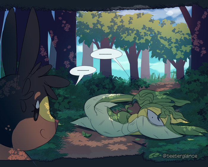 Tepig and snivy stare at each other in silence. Tepig has a silly smile on her face, while snivy looks at her with a blank expression.