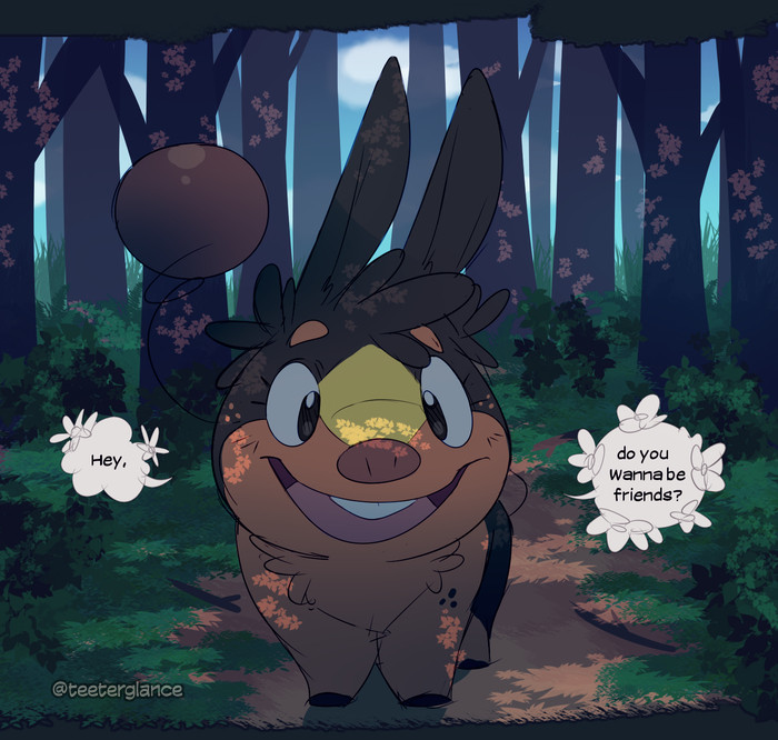 This panel is a full body shot of tepig, from snivy's point of view. She smiles brightly at him and asks, "Hey, do you wanna be friends"?