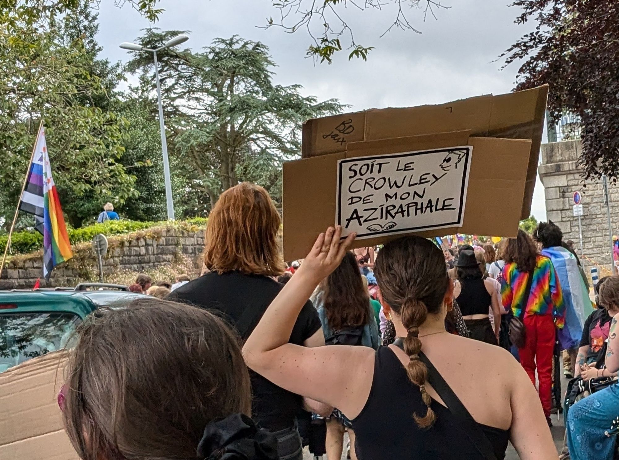 Person with a sign saying "Soit le Crowley de mon Aziraphale" (Be the Crowley of my Aziraphale)