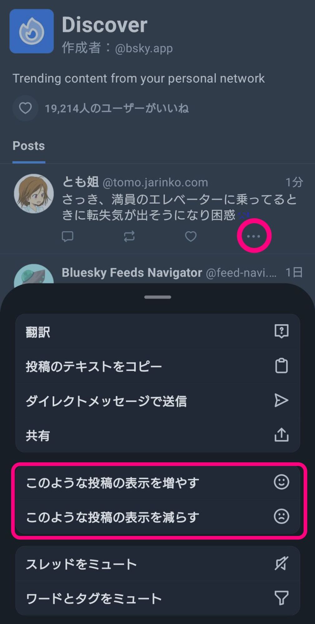 「Discover」フィード設定画面

キーワードやタグのミュート機能も組み合わせれば、最強の「おすすめ」フィードを作れるかも