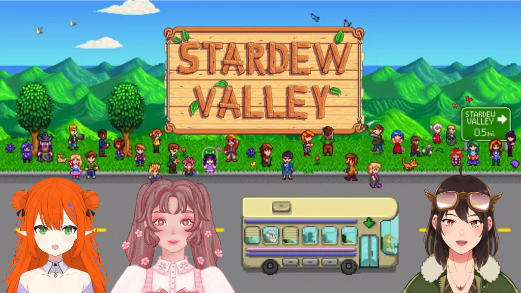 stardew valley game thumbnail with three girls on it, one is pilot, one is mimi (chuliip) and one is sailor (sailorxfae) 