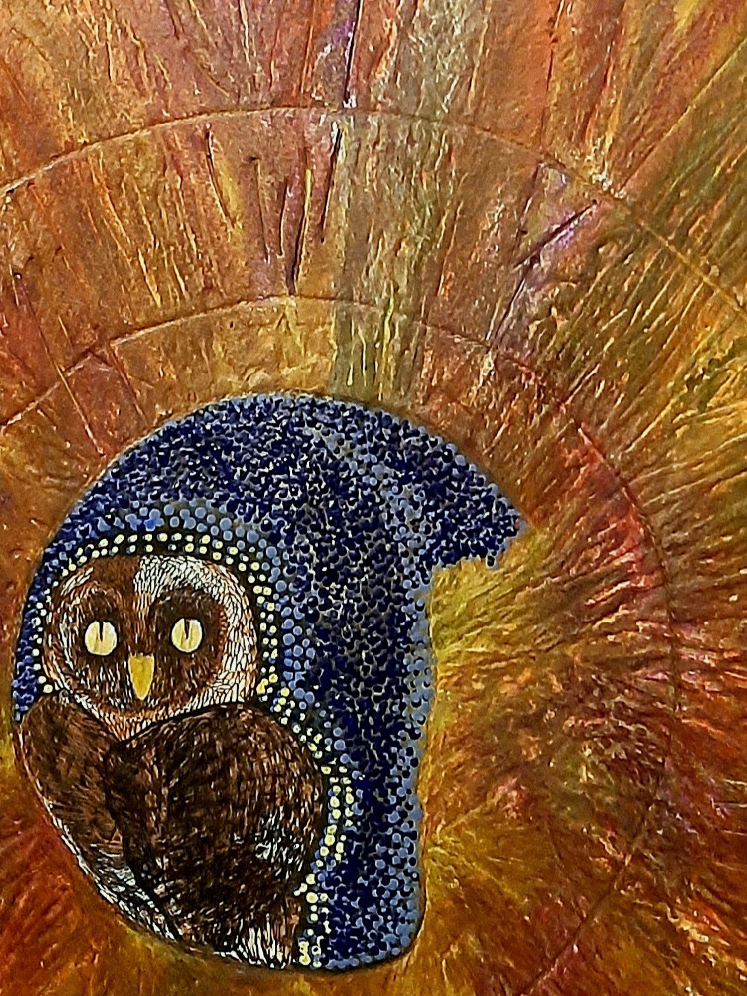 A brown small owl is nested inside a tree trunk, surrounded by pointillism of yellow, blues, and a deeply textured bark