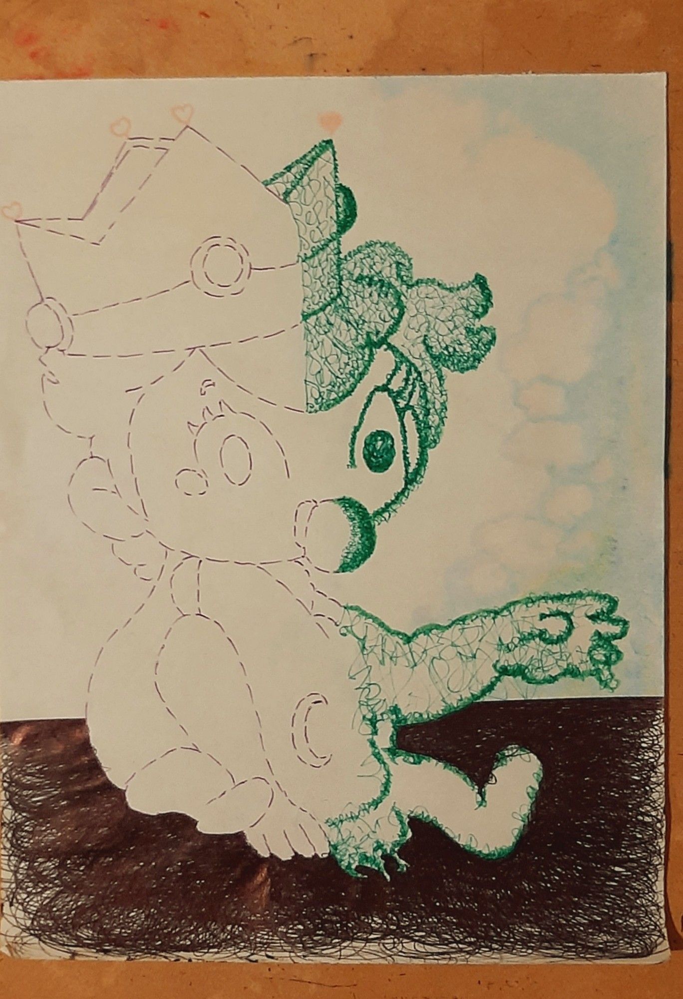 Ink and wax pencil drawing of a baby with a pacifier and crown, loosely based on the SuperMarioWorld character Princess Daisy.
Half of the image is made of lines, other half of green fuzzy words forming face, arms feet.