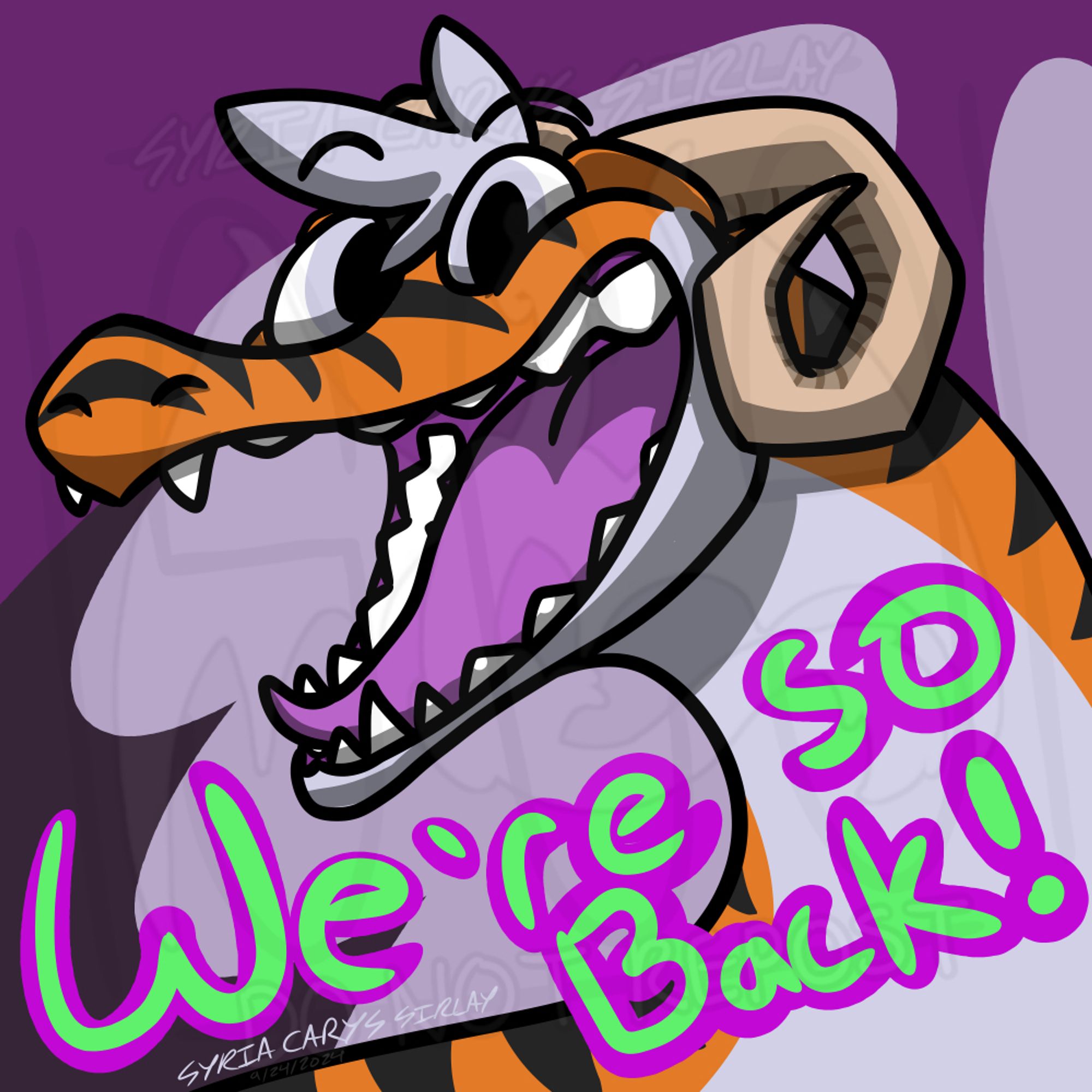 A headshot of a dragon with an orange and silver body with black stripes, ram horns, and feathery wings. They are smiling widely with an open mouth. Purple and green text across the bottom says 'We're so Back!'