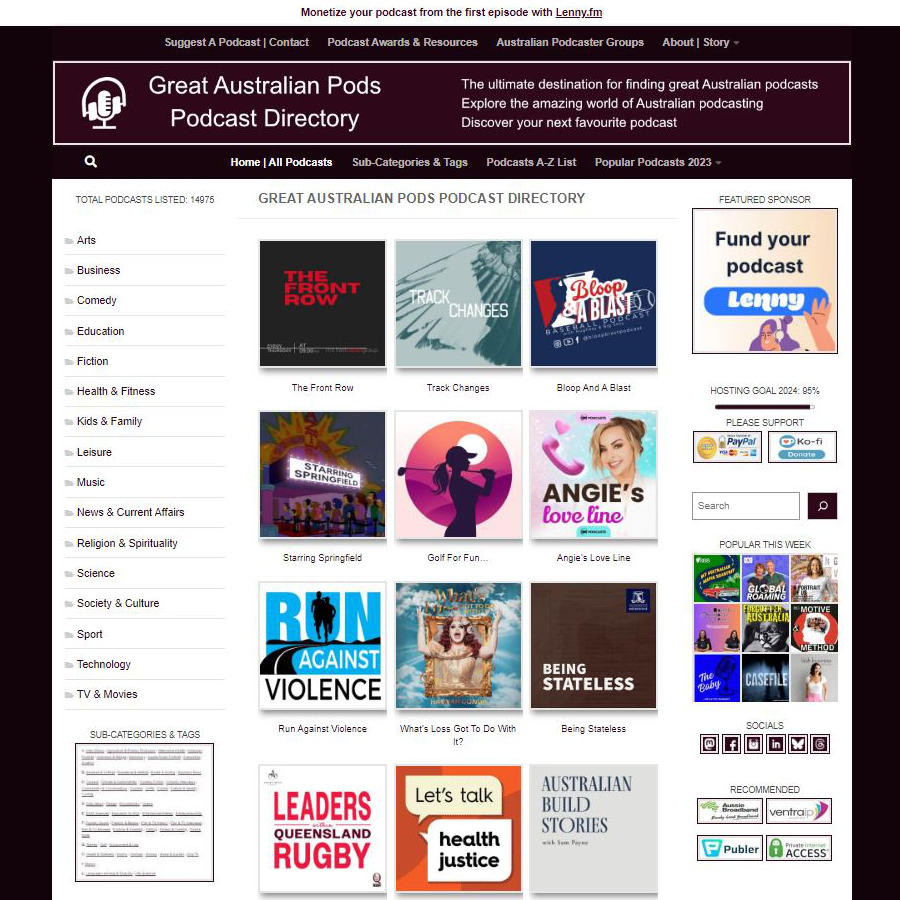 Screenshot showing the 12 most recent podcast listings on Great Australian Pods Podcast Directory