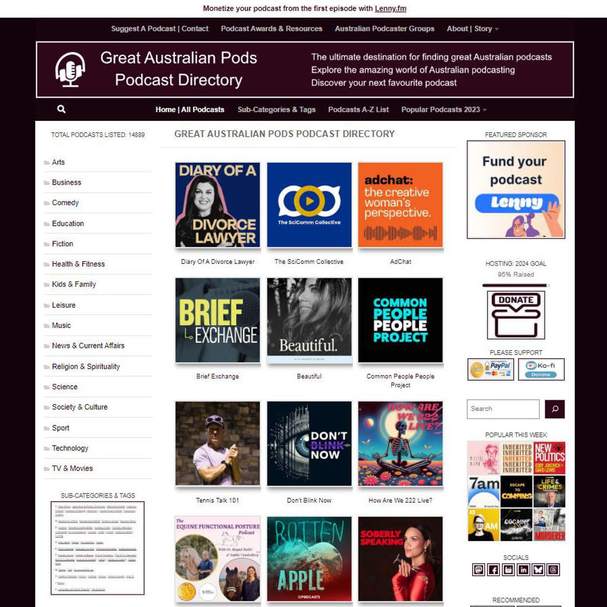 Screenshot of recent podcast listings on Great Australian Pods Podcast Directory's front page