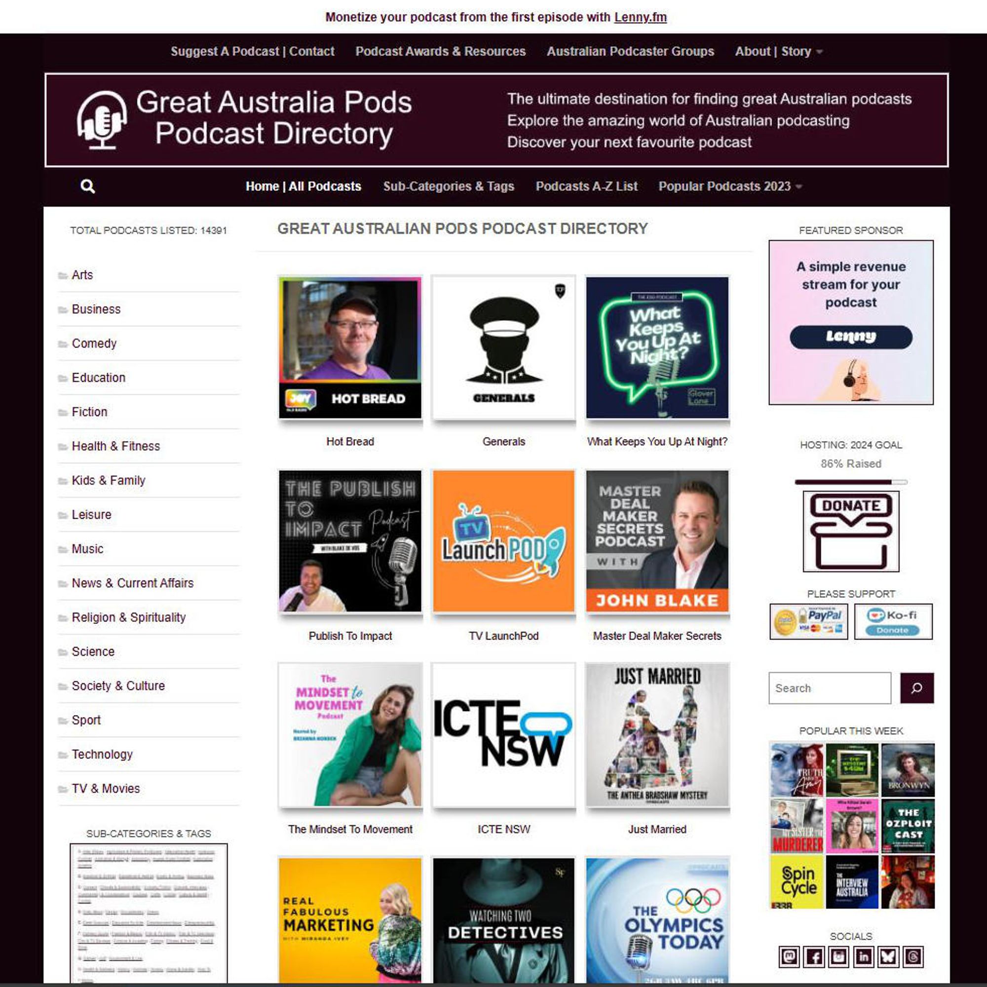 Screenshot of recent podcast listings on Great Australian Pods Podcast Directory's front page