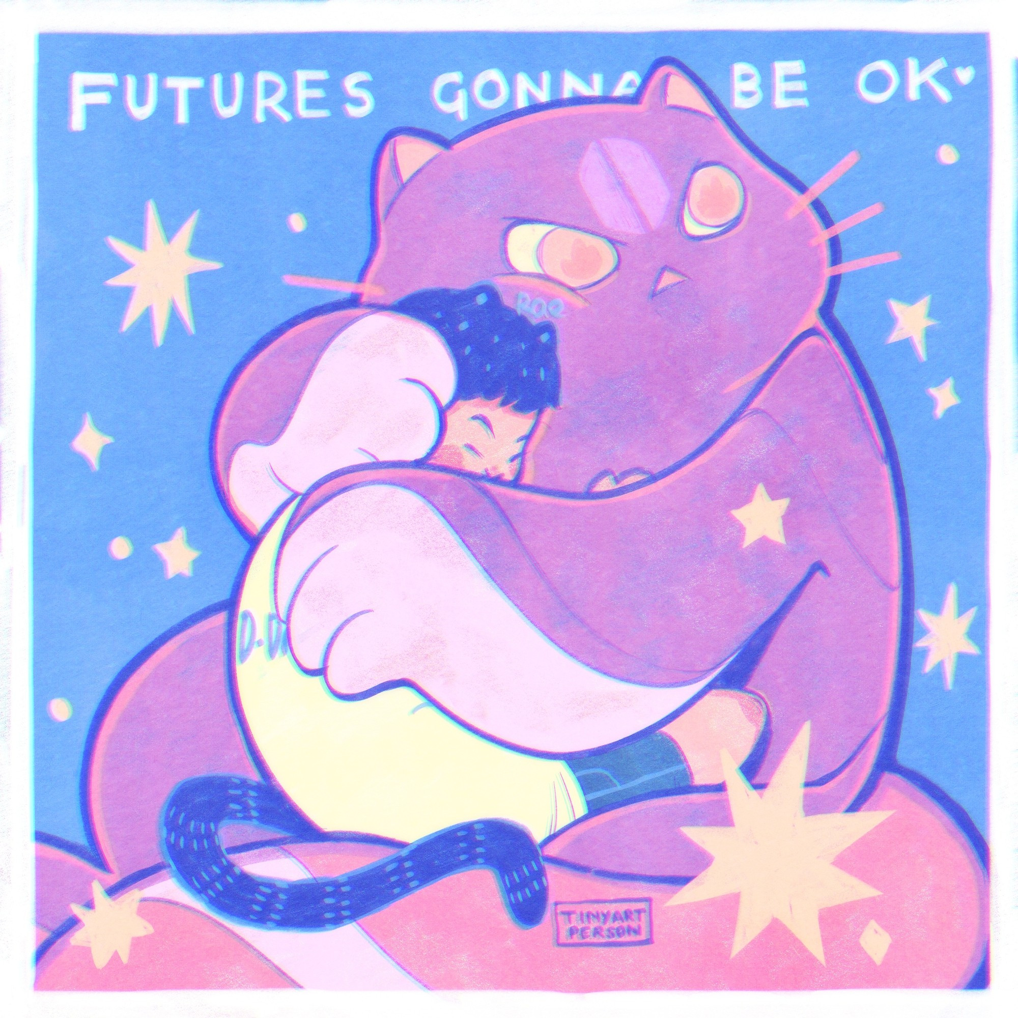 A giant purple kitten hugging Yoongi, with stars floating in the background.
Text just above reads "Future's gonna be ok"