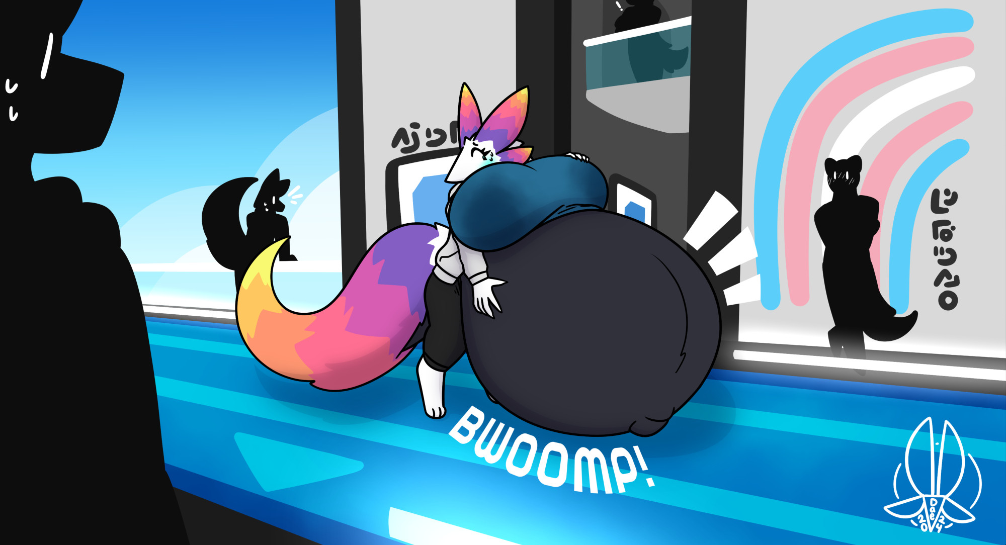 A shaded image of the artist's fursona, Dae, hyper-pregnant. Her belly is large enough to rest on the futuristic street she's walking on, and her breasts are blocking her vision. Her shirt is stained with milk. There are four bystanders witnessing her sudden growth.