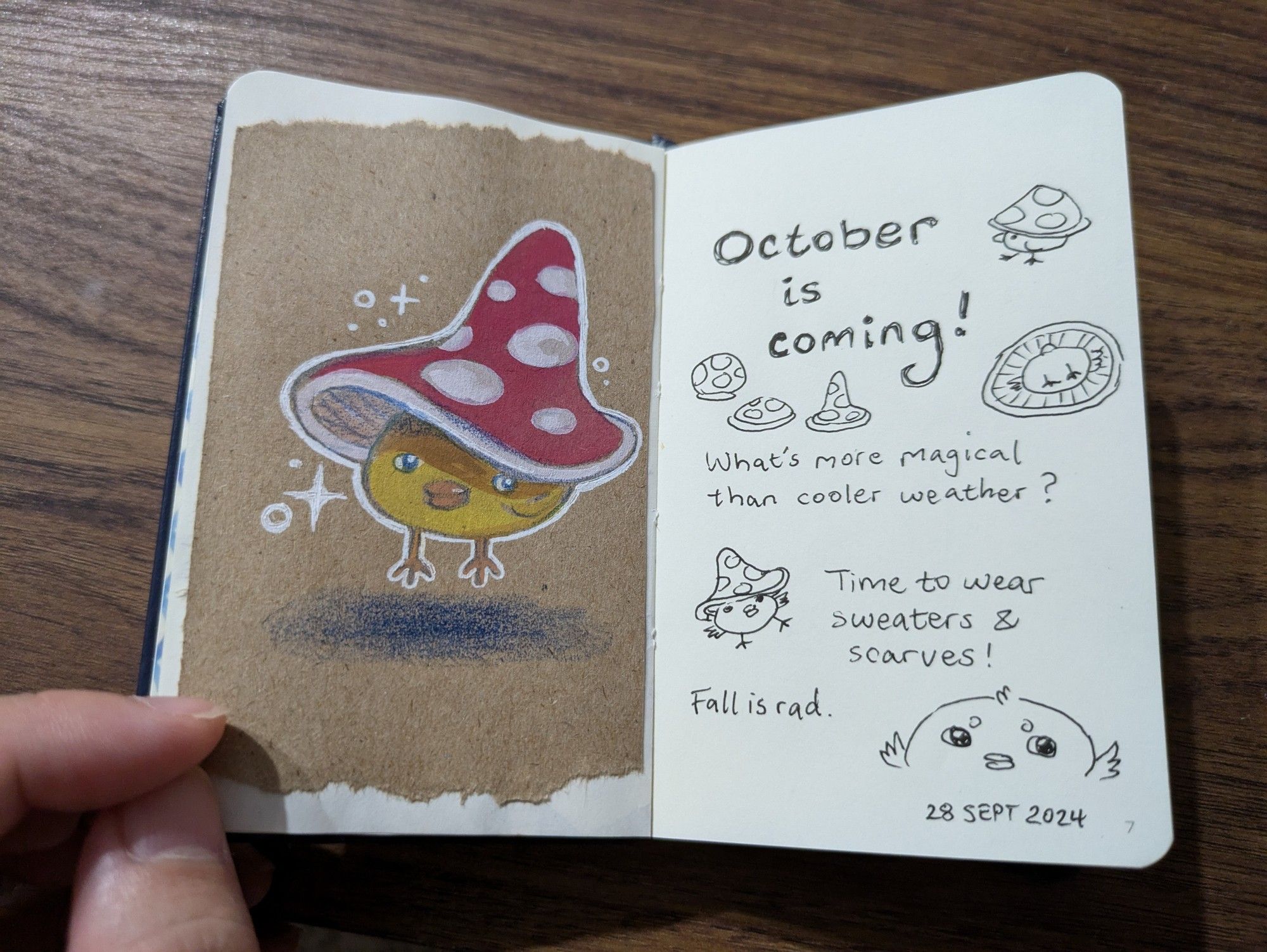 Floating magical chicken baby with a toadstool witchy hat. "October is coming! What's more magical than cooler weather? Time to wear sweaters & scarves! Fall is rad. 28 Sept 2024"