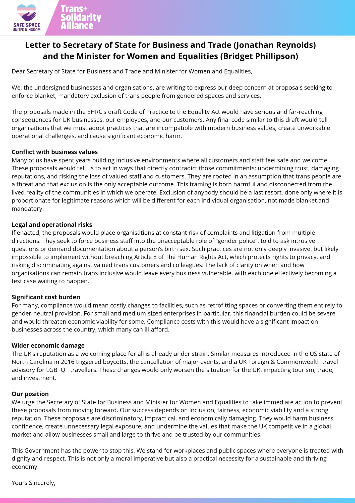A copy of the letter. The full text can be found on our website.