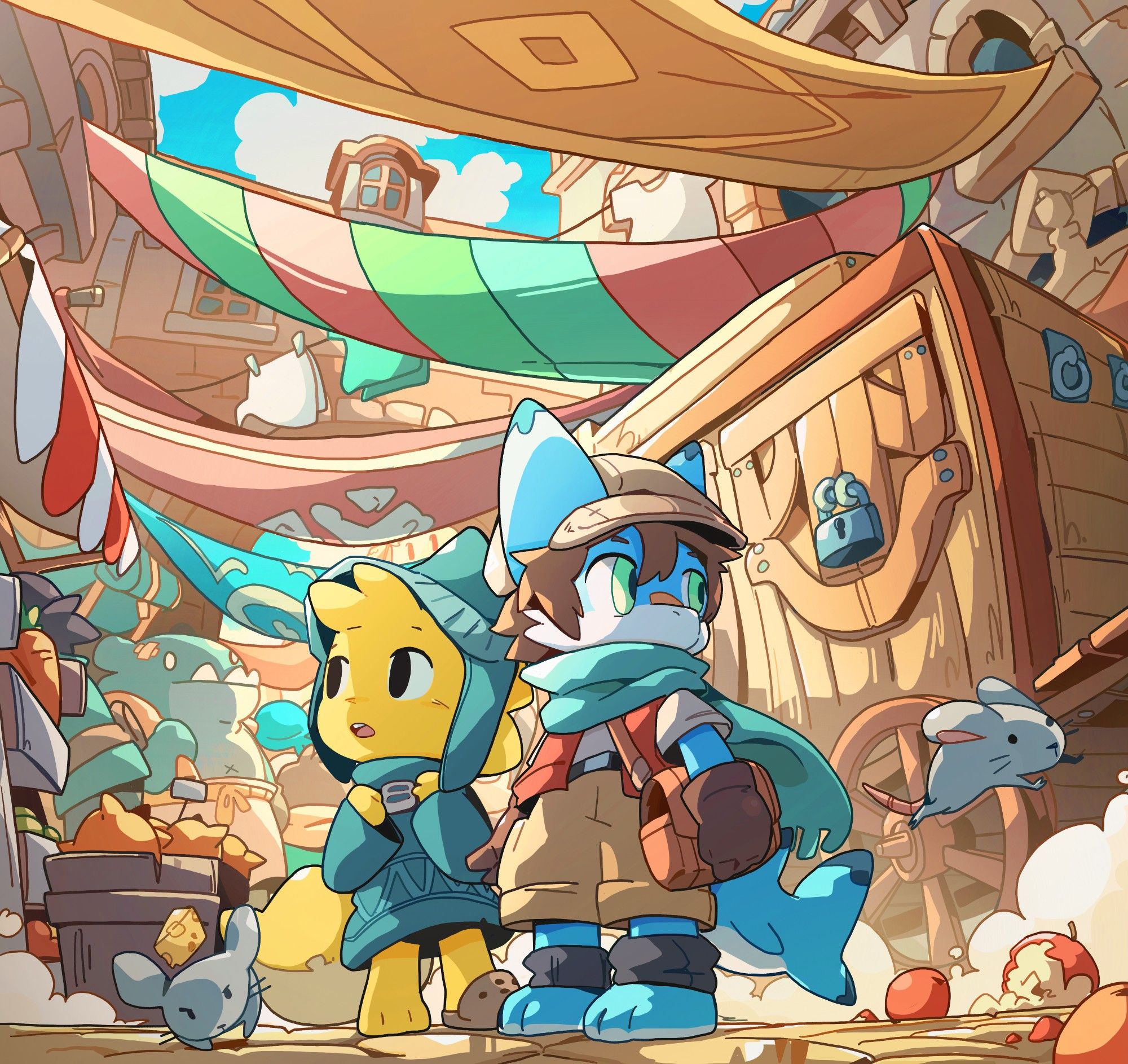 Tundra Shark and Flare are dressed up in wizard clothes as they stand and look around in the middle of a fantasy setting market.