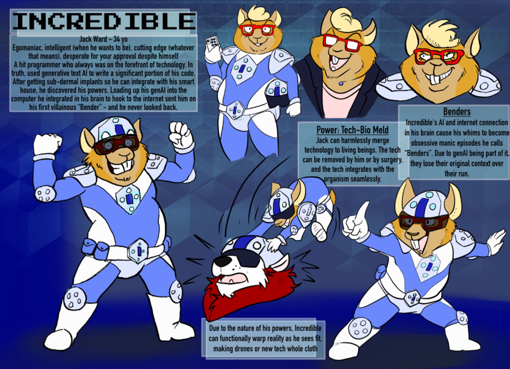 a reference sheet of a hamster in blue and silver spandex suit and helmet