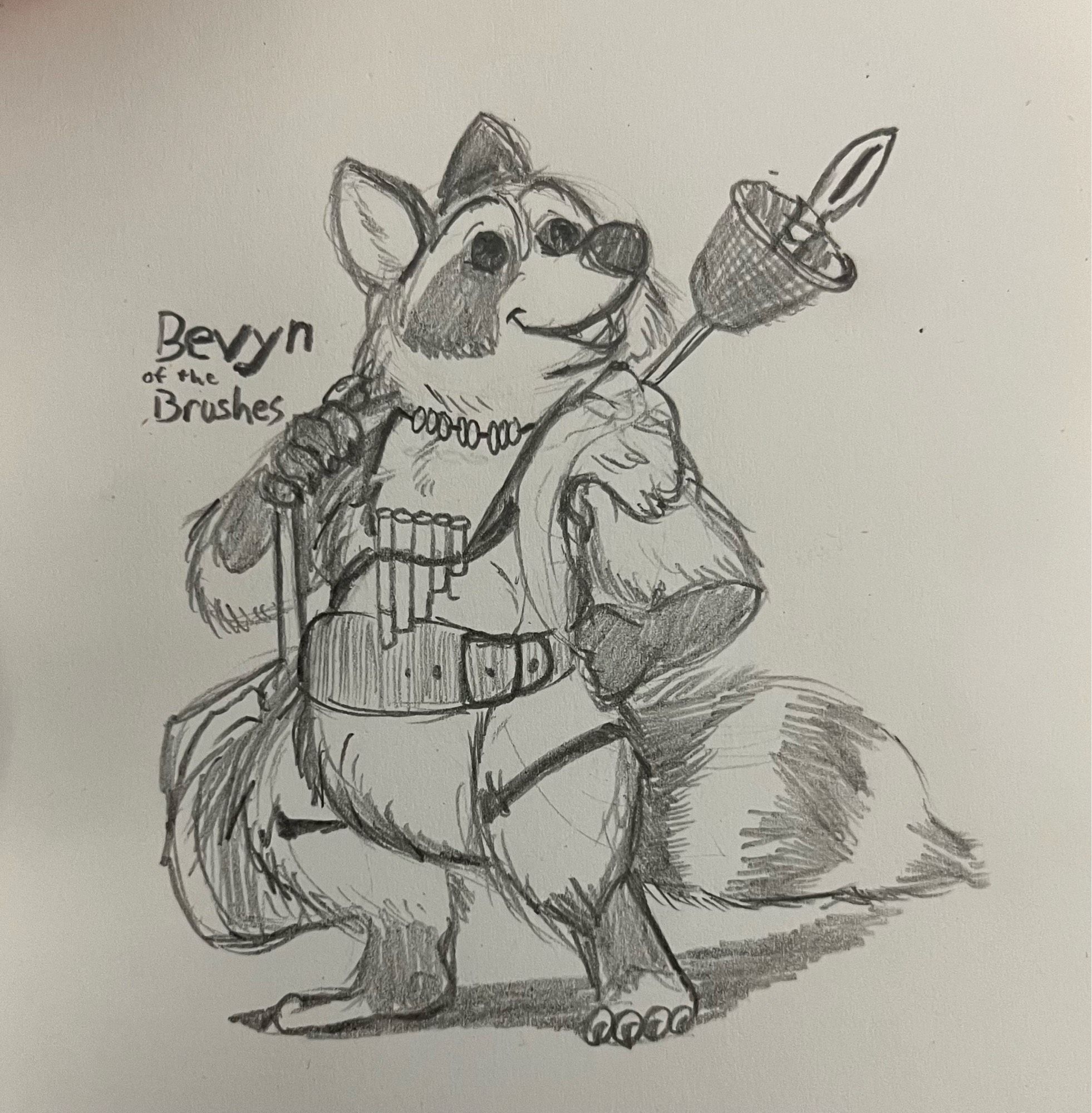 sketch if a raccoon with a big bag on his shoulder and a needle rapier on his back, pan flute around his neck