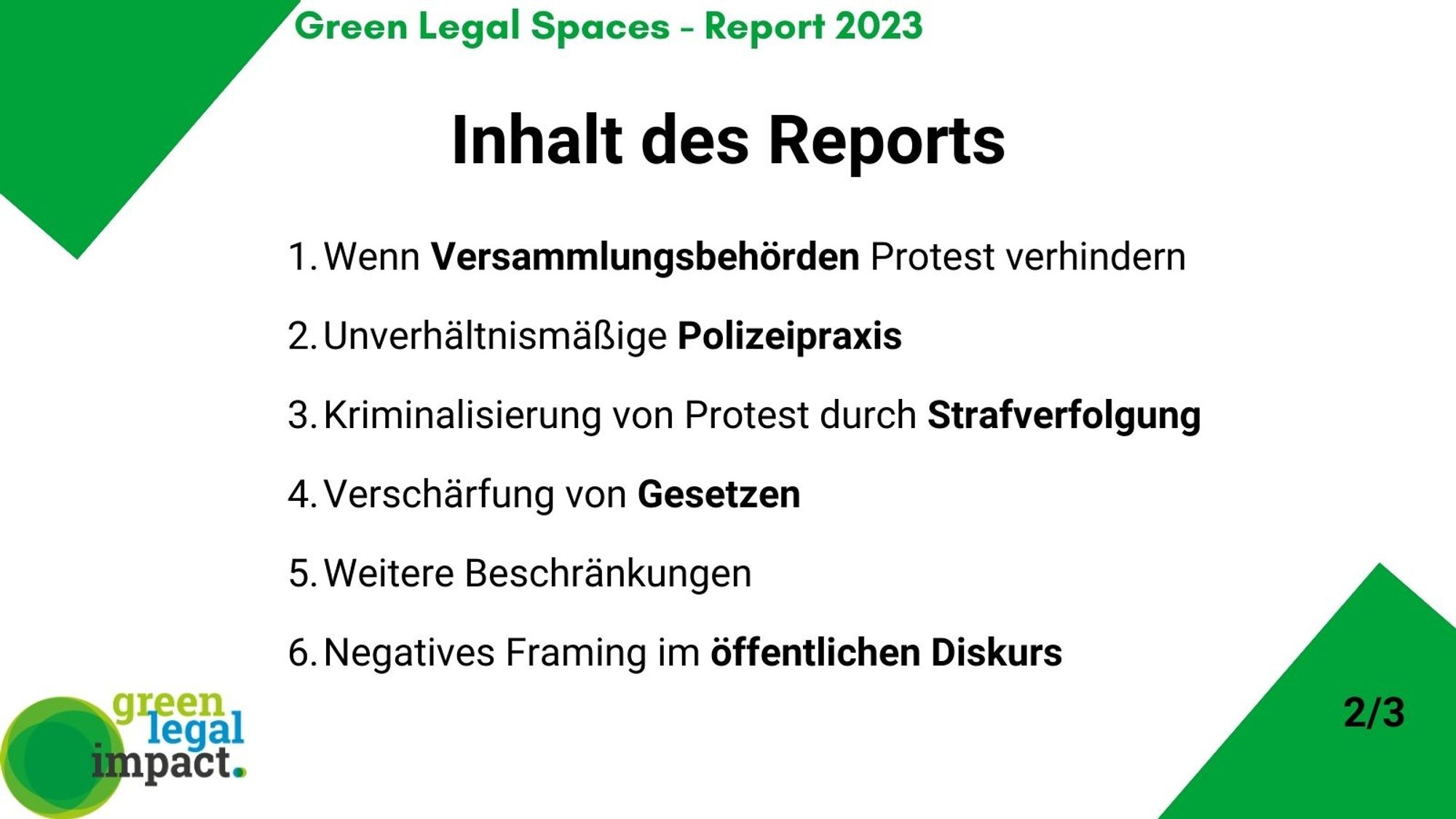 Infofolie - . Große Überschrift: Inhalt des Reports. Drunter eine Aufzählung: 1. Wenn Versammlungsbehörden Protest verhindern 2.Unverhältnismäßige Polizeipraxis 3. Kriminalisierung von Protest durch Strafverfolgung 4. Verschärfung von Gesetzen 5. Weitere Beschränkungen 6. Negatives Framing im öffentlichen Diskurs